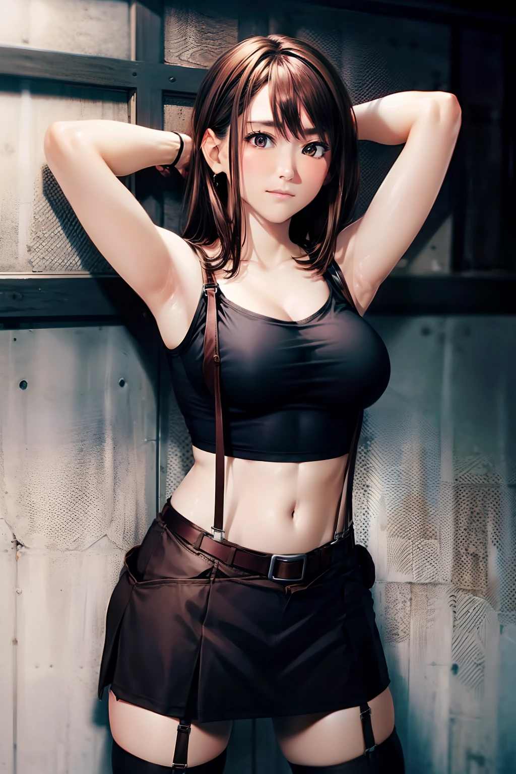 a black skirt, Tank Tops　suspenders, Brown hair short, Gray eyes, holster, Garter belt on the legs, Big breasts and tight clothes, 　　 a belt　Armpit sweat　Fold your hands behind your head　deadpan