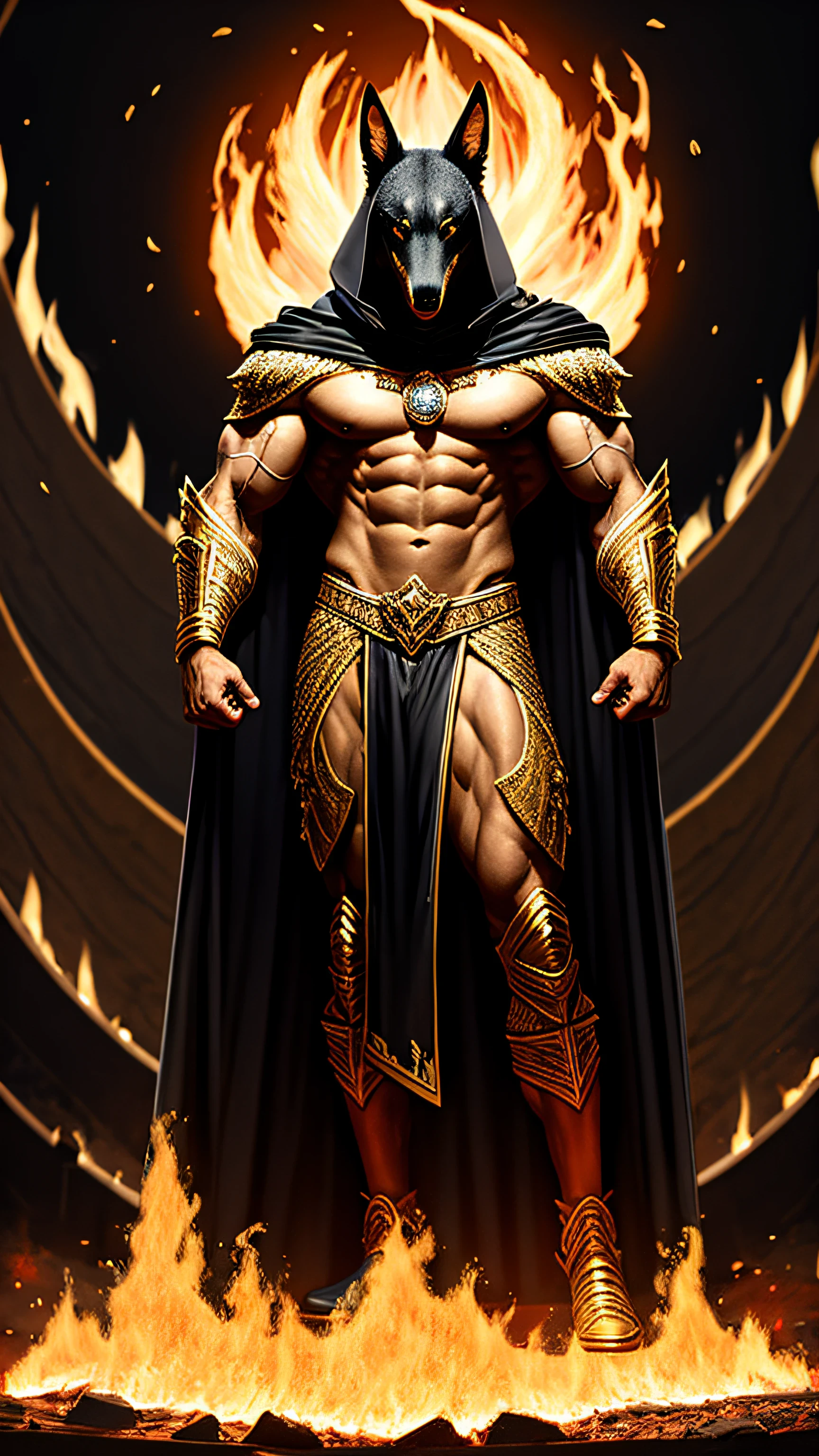 (high quality), photorealistic, (oil painting)
jewelry, (solo),
(dynamic pose), towards right, ((hell gate)), fire, hell landscape, (the underworld), (dark landscape),
anubis, egyptian jackal headed god, anthro, muscular, (holding golden scales), dynamic pose, cinematic, dramatic camera angle, golden armor:0.25, black & gold cape, (good anatomy), (good proportions), award winning, masterpiece, centered,