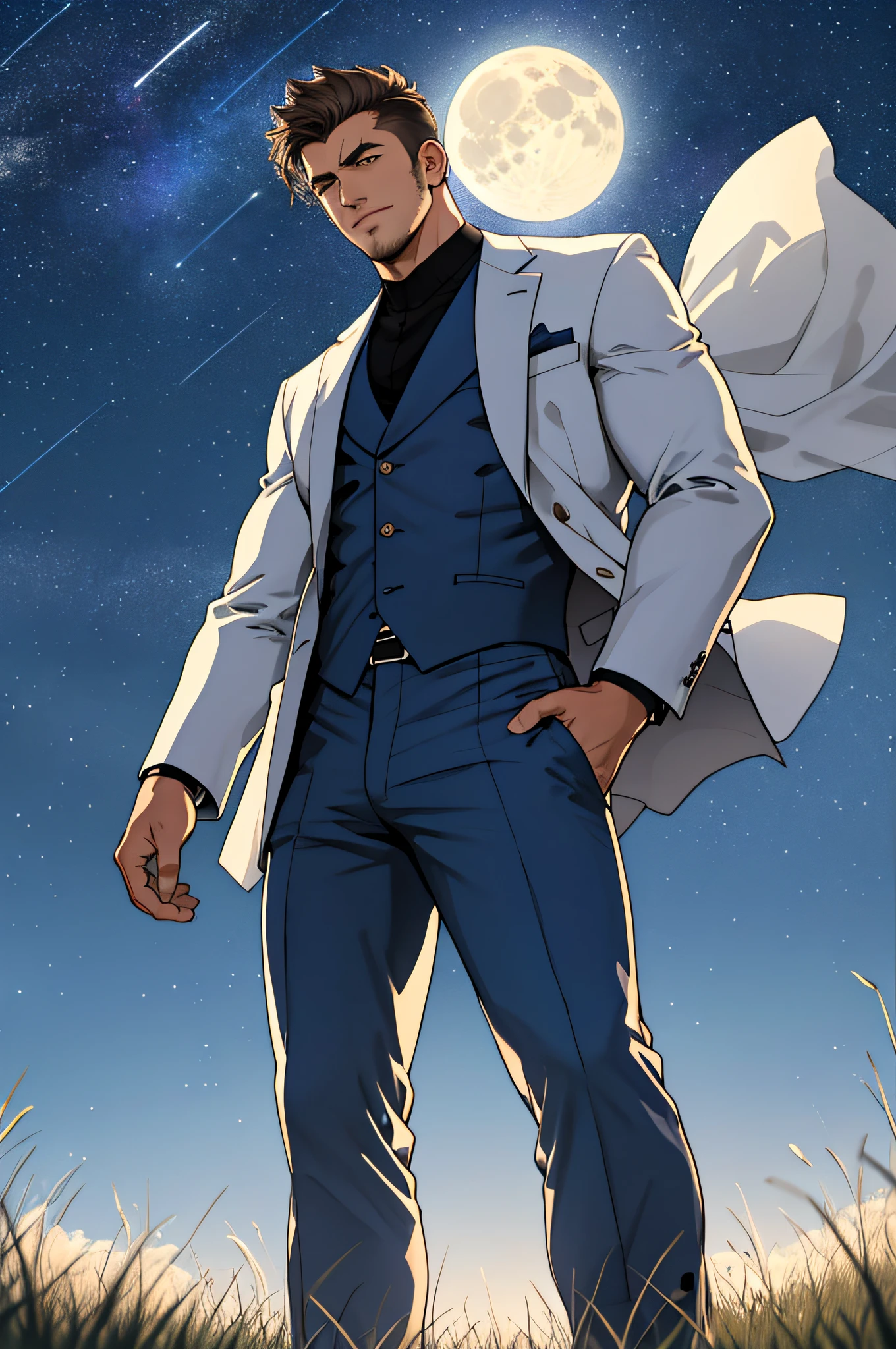 Draw a full-fledged footballer,Standing on the steppe at night,Quiet and comfortable background,He wears the same suit as the country's president,The suit fits perfectly,Handsome face,eyes with brightness,The man looks confident and determined,looking-down,Crew cut,full bodyesbian,Stars dot the sky,shooting from below,Big moon highlights background