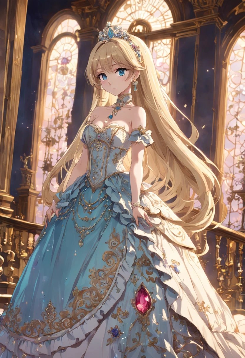 ((anime artstyle)),(Masterpiece),(Best Quality),(Super Detail),(Very Delicate and Beautiful),Solo,((full body,standing pose)),standing in the royal palace,((1 queen in jeweled gorgeous rococo ballgown with voluminous full length hoop skirt)),(crinoline),gorgeousfull embroidery,(gorgeous gemstone jewelry),(detailed face and eyes),jewel-like eyes,((large amount of straight hair,extremely Long voluminous Hair)),((gigantic tits,Long tits,skindentation)),gorgeousfull embroidery,cleavage,extremely gorgeousfull hair ornament,(bling-bling extremely gorgeousfull jeweled tiara),gorgeous corsage,(Dynamic Angle),Looking at viewer,((full body))