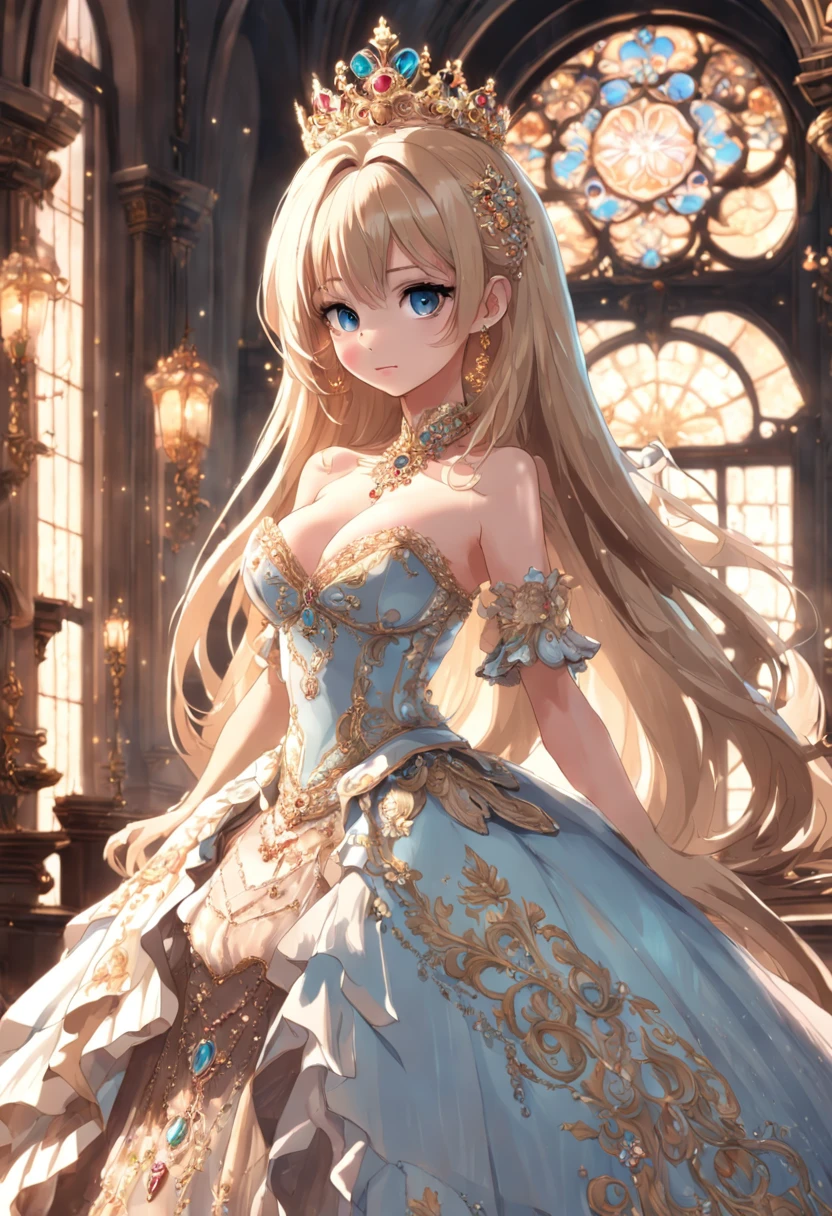 ((anime artstyle)),(Masterpiece),(Best Quality),(Super Detail),(Very Delicate and Beautiful),Solo,((full body,standing pose)),standing in the royal palace,((1 queen in jeweled gorgeous rococo ballgown with voluminous full length hoop skirt)),(crinoline),gorgeousfull embroidery,((gorgeous gemstone jewelry)),detailed face and eyes,jewel-like eyes,((large amount of straight hair,extremely Long voluminous Hair)),((gigantic tits,Long tits,skindentation)),gorgeousfull embroidery,cleavage,extremely gorgeousfull hair ornament,(bling-bling extremely gorgeousfull jeweled tiara),gorgeous corsage,(Dynamic Angle),Looking at viewer,((full body))