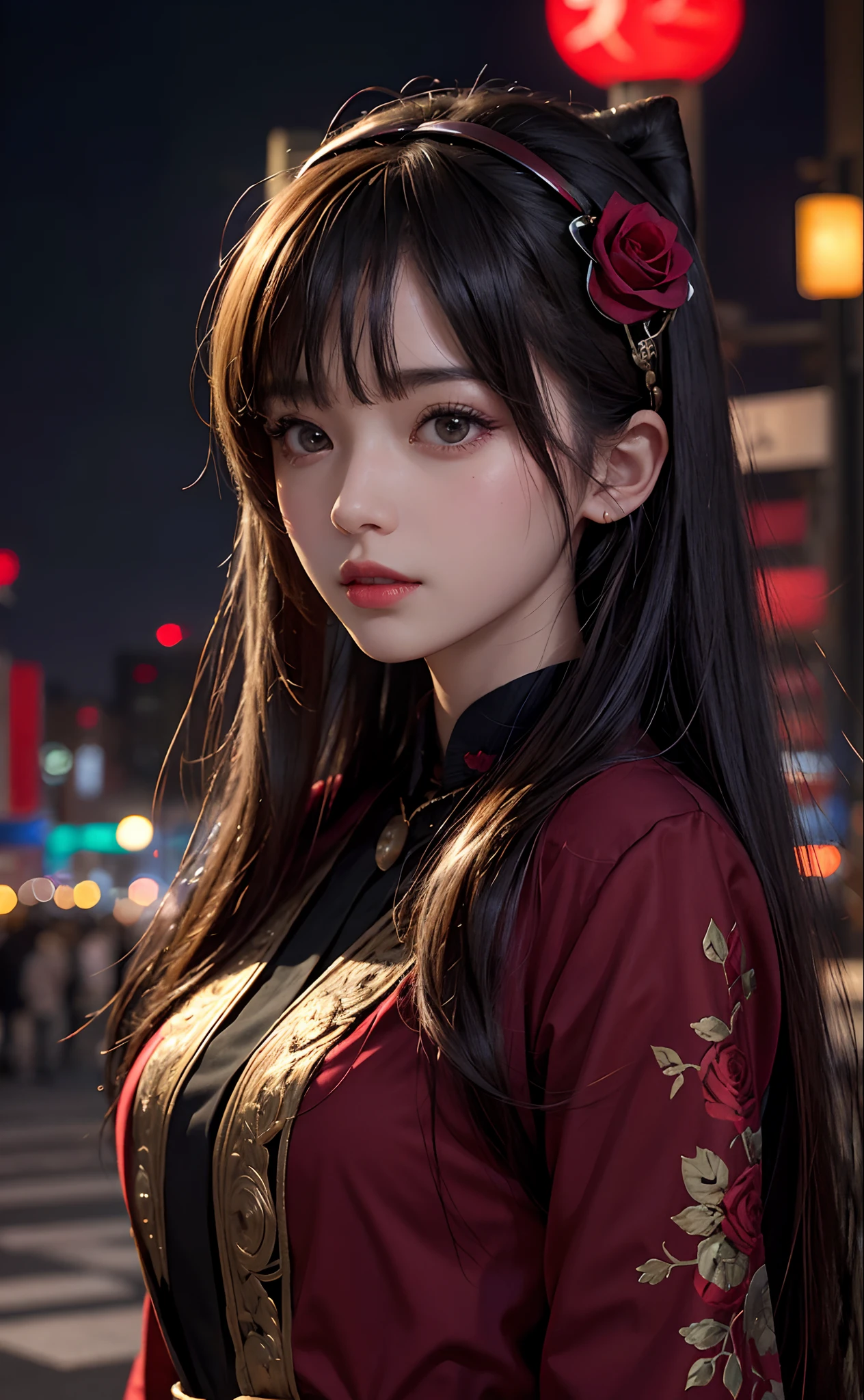 1girl, Tokyo street,night, cityscape,city lights, upper body,close-up, 8k, RAW photo, best quality, masterpiece,realistic, photo-realistic,headgear of red rose, parted bangs, long hair,