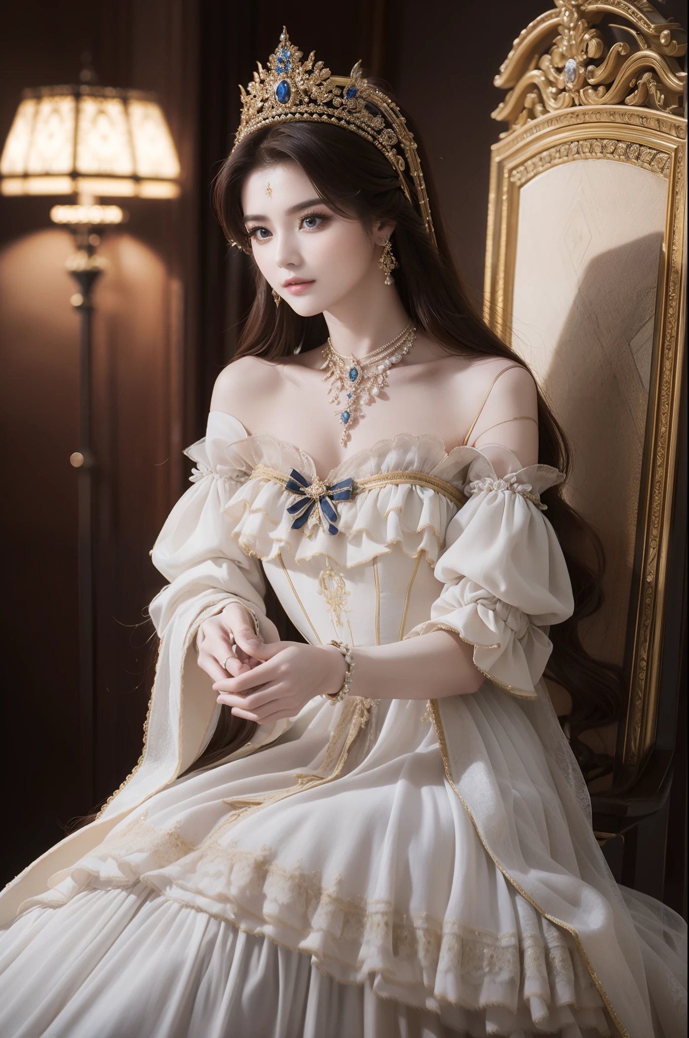 ((top-quality、​masterpiece、photographrealistic:1.4、8K))、Beautuful Women、delicate and beautiful face、（Luxury dresses in the style of medieval Europe、Princess）、Luxury Accessories、European-style castle、Cinematic lighting、Textured skin、Super Detail、high detailing、High quality、hight resolution