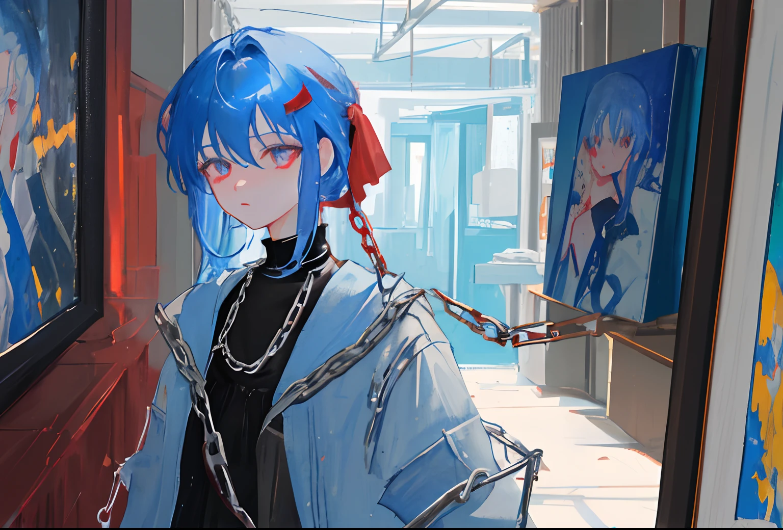 1 girl, upper body, light blue hair, red eyes, blood, chains, dim light, indoors, paintings, portraits