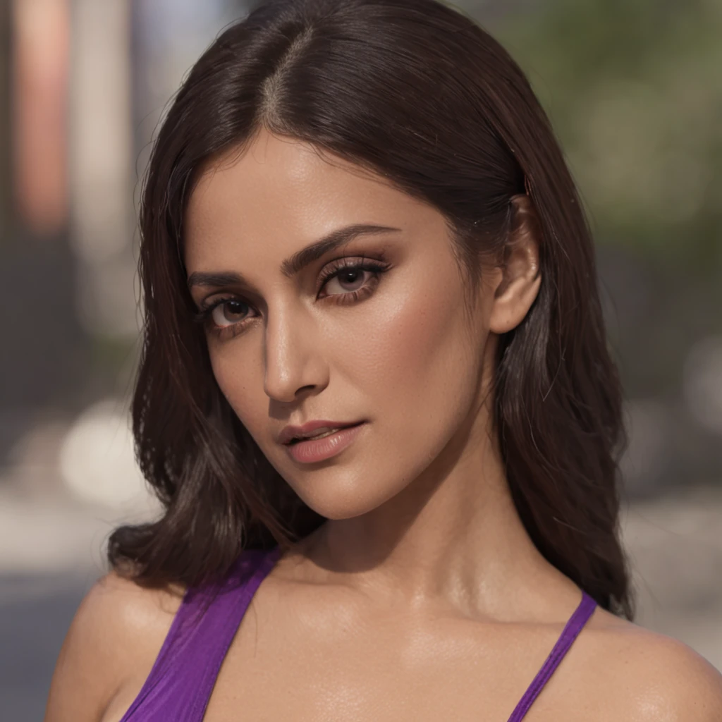 Hot young girl with model appearance looks like Salma Hayek in a purple bikini, is looking at the camera, tanned Mexican woman, in full height, Hands Behind Your Back, pouty lips, good tits, boobs falling out of the bikini, GTA 5 screensaver, GTA 5 style, stands on the street from GTA 5, against the background of the building from GTA 5, Old green car on the background of GTA 5, Passionate gaze, hot weather, Moisture of calf, Hot summer, Rich photo, 4K, 真实感, GTA 5