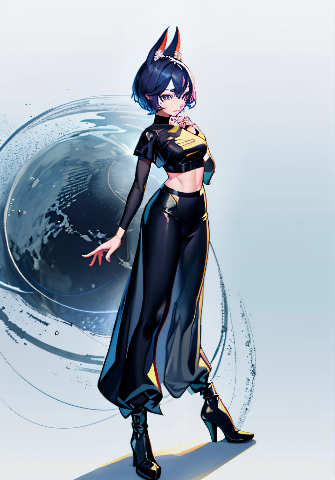 a drawing,A person wears a short-sleeved shirt outside,Wear a short-sleeved crop top underneath、Catwoman with short white hair and long ears,Sharp eyes, Lovely face,full body concept, The character design is white and vivid, full body portrait of a short, unrealistic character concept, , full body character concept, standing elegant pose, Full body character drawing, detailed full-body concept, Stylized proportions, , clear outfit design