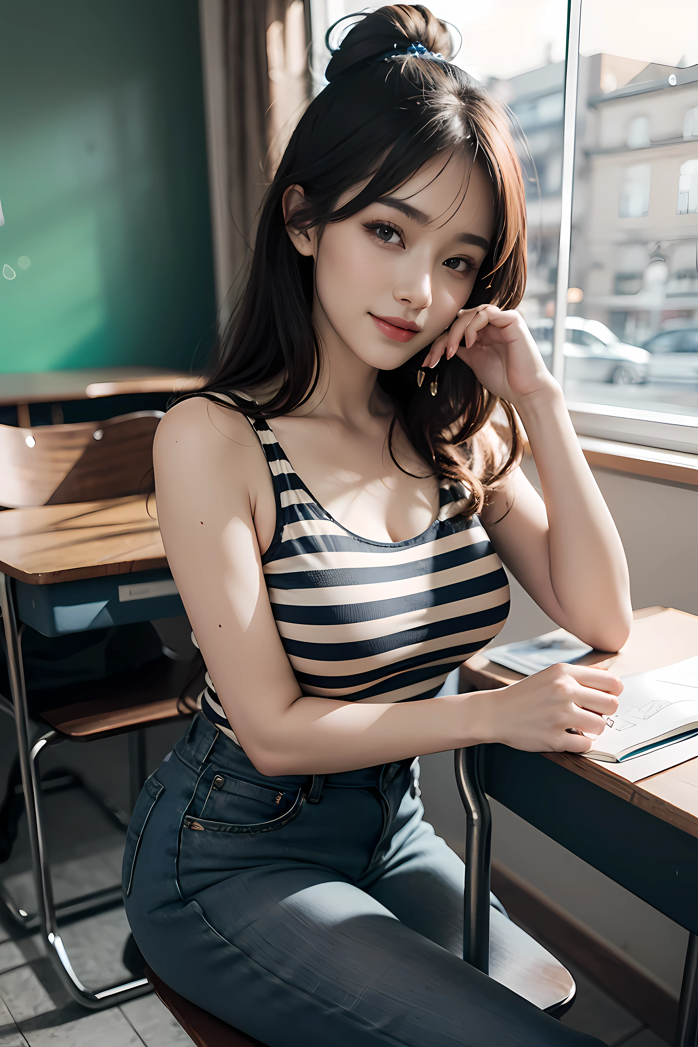 A girl in the classroom （Wearing a black and white striped close-fitting top 1.5） The horizontal strips are black and white, wearing blue jeans, wearing small white shoes, and the hair is black （Hairstyle 2 of the ball head.5） （The eyes are elongated 2.7）Smiling with a little flush on his cheeks, bulging cheeks, height 162 cm, thin body, white skin （Chest protrusion 2.7） Separate See breasts Smiling masterpiece Beautiful vivid Face with lots of details on the face（ Full cheeks 1.9）The chin is not pointed, not the V-shaped face （There is dimple 1.2）Facing me, there's still some milk on my mouth （The eyes narrowed into a line 3）