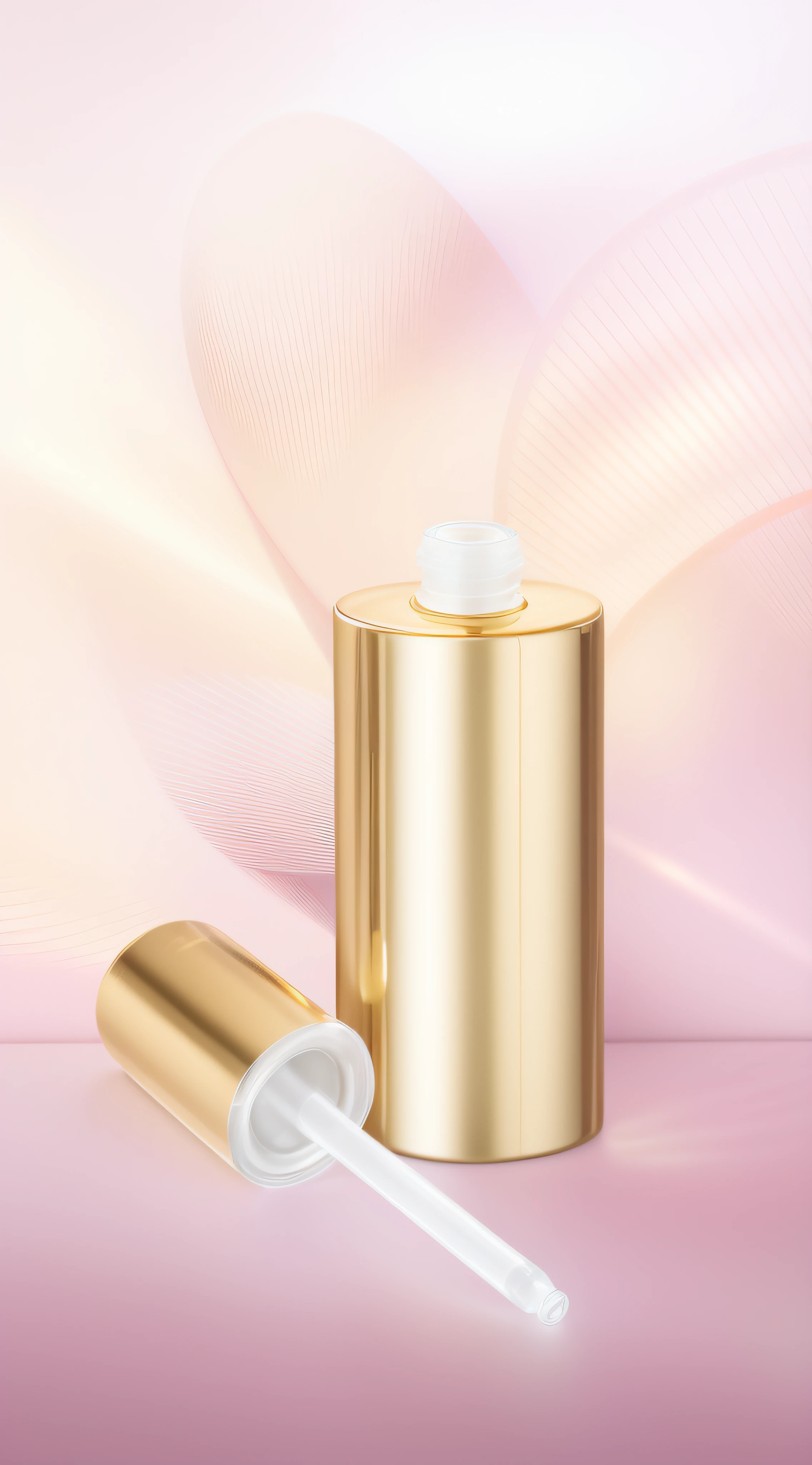 A close-up of a bottle of liquid with a dropper, high quality topical render, delicate detailing golden stroke, smooth golden skin, vintage glow, soft golden light, Bottle, exquisitedetails, Pearlescent skin, Relaxed. gold background, gold, realistic gold, High quality details, golden smooth material, pink and gold, with light glowing, golden hues, Soft glow