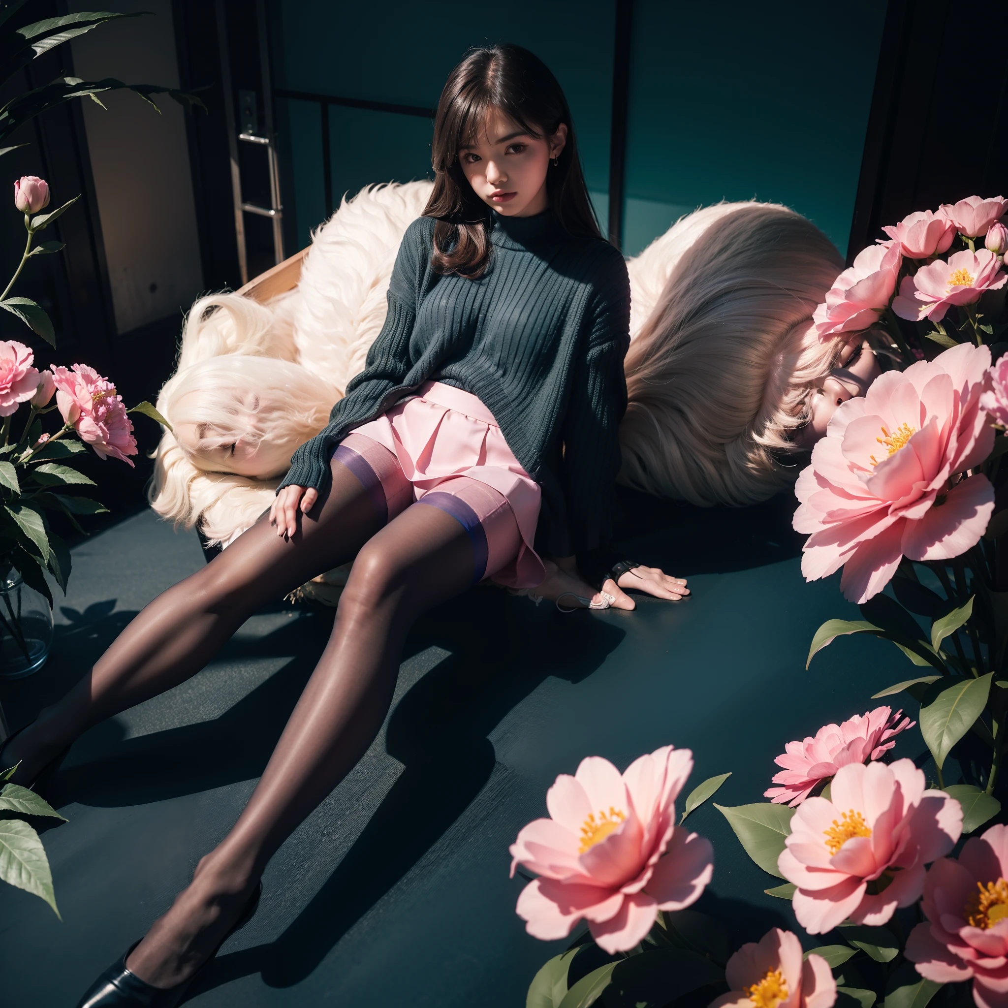 (full body:1.5)，((1girl):1.4),(view the viewer:1.4)，(anatomy correct:1.3),(Sitting among the flowers:1.2),(A pink and blue Elastic skirt :1.2),((Pantyhose):1.3),( girl pointed thick heels :1.1)，(Accurate and perfect face:1.3),hyper HD, Ray traching, reflective light， structurally correct, Award-Awarded, high detail, lighten shade contrast, Face lighting ，cinematic lighting, masterpiece, super detailing, high quality, high detail, best quality, 16k，High contrast,
