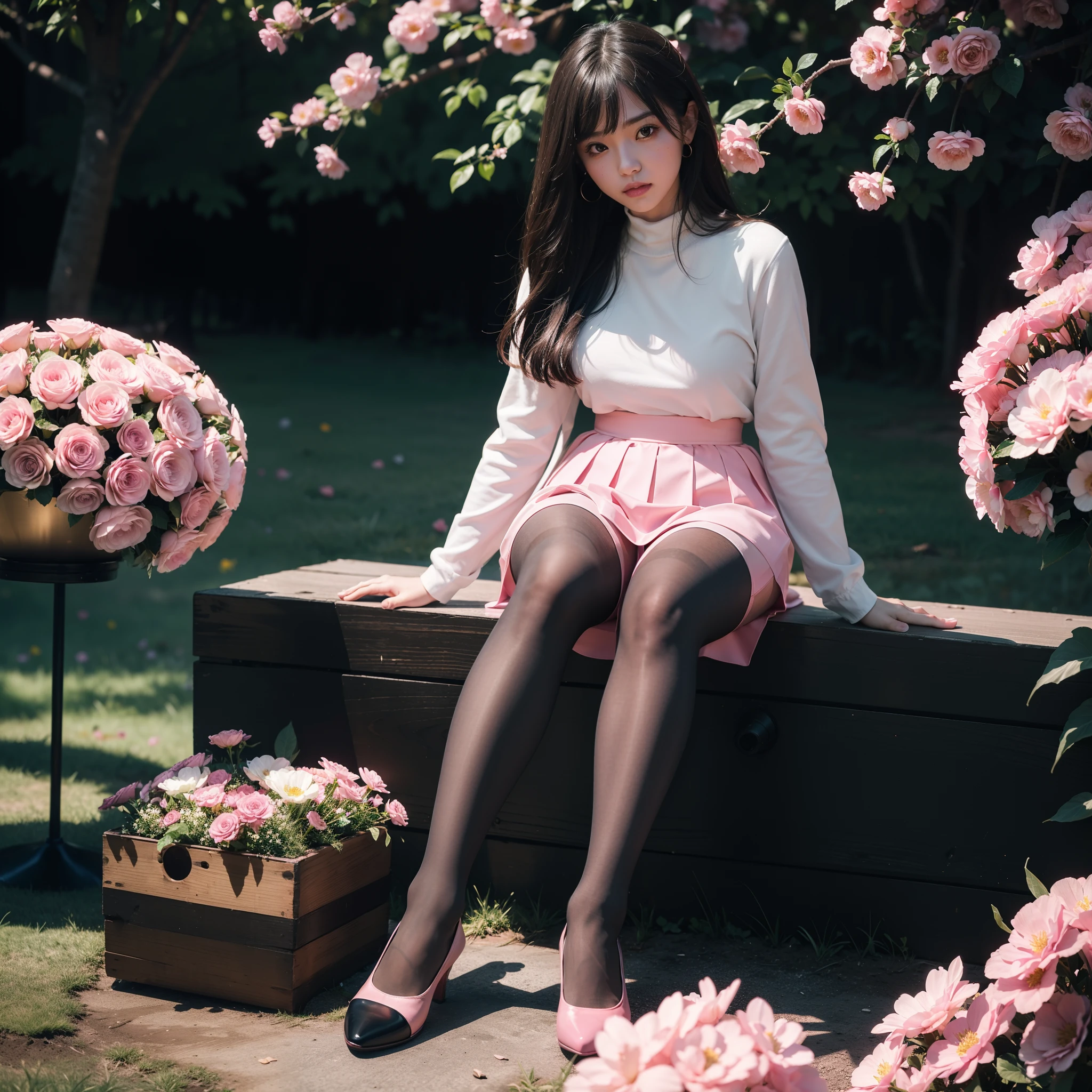 (full body:1.5),((1girl):1.4),(view the viewer:1.4),(anatomy correct:1.3),(Sitting among the flowers:1.2),(A pink and blue Elastic skirt :1.2),((Pantyhose):1.3),( girl pointed thick heels :1.1),(Accurate and perfect face:1.3),hyper HD, Ray traching, reflective light, structurally correct, Award-Awarded, high detail, lighten shade contrast, Face lighting ,cinematic lighting, masterpiece, super detailing, high quality, high detail, best quality, 16k,High contrast,