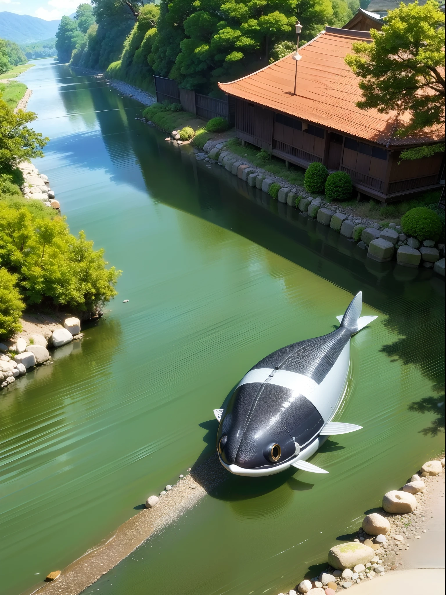 On a flowing river、Set your seat、Kaiseki cuisine、banquet、Graceful、merry、Cool、Sunlight、Rainbow trout、splash water、Appealing woman in kimono,smile,