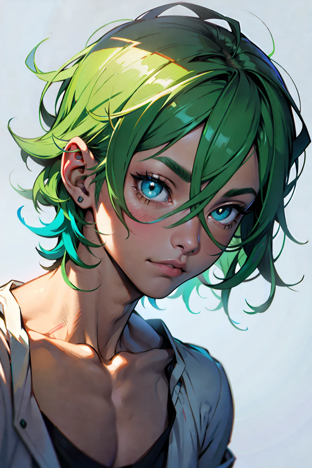 1 , Young alien boy with a messy short green hair and a soft one, olhos rosa luminos, Corar, No shirt,