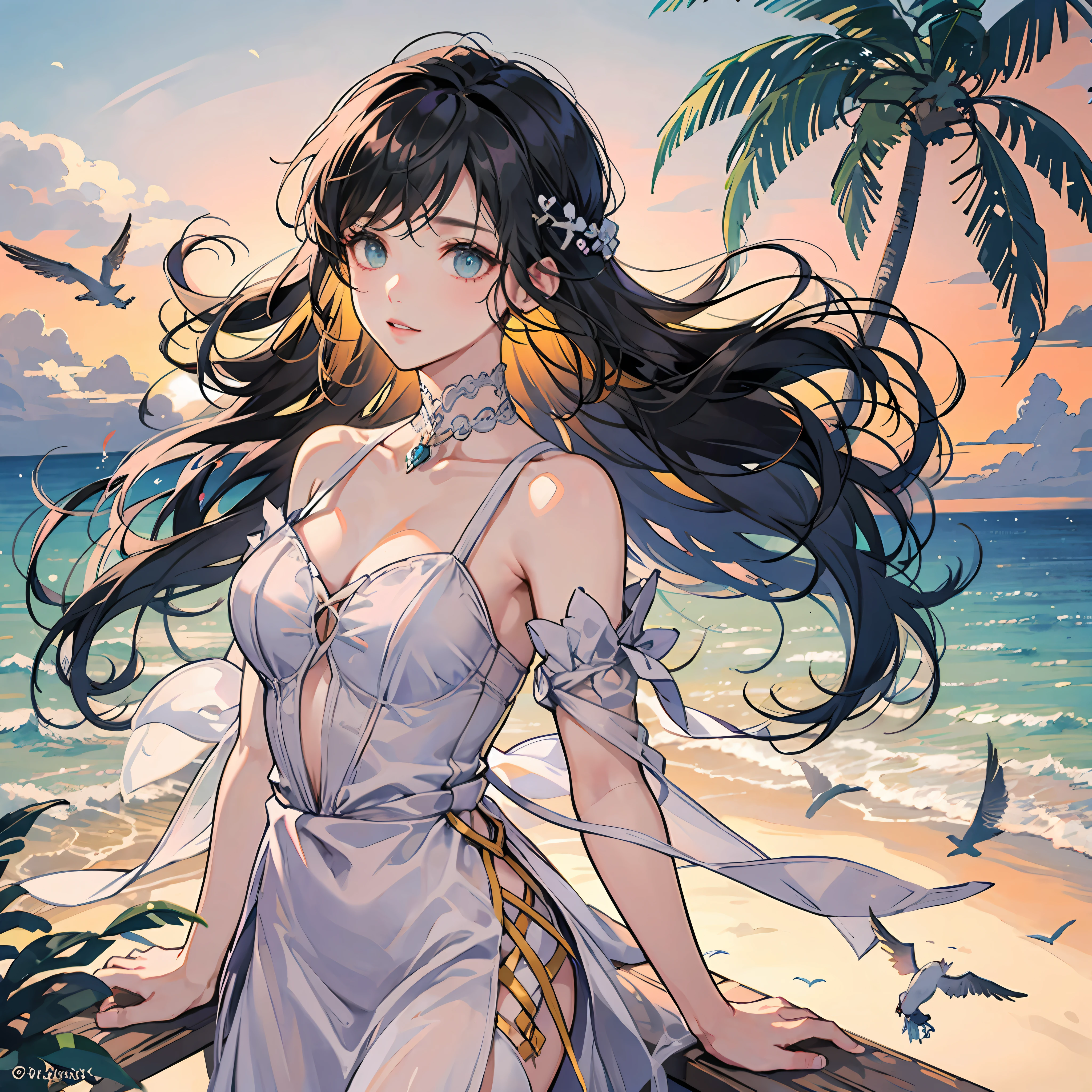 Absolutely mesmerizing sunset on the beach with a mix of oranges, pinks and yellows in the sky. The water is crystal clear, gently kissing the shore, and the white sand is endless. The scenes are action-packed and breathtaking, with seagulls soaring high in the sky and palm trees swaying gently. Immerse yourself in the calm atmosphere and let the serenity surround you. --auto