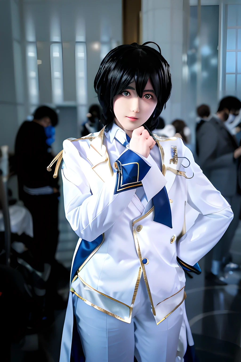 Anime cosplay white suit and blue tie, Anime cosplay, Anime girl cosplay, cosplay, rpgmaker, professional cosplay, cosplay foto, Albedo from Overlord, Shot on Canon EOS R 6, anime big breast《kingpin》Albedo in , male anime character, anime figure, Beautiful androgynous prince, full-cosplay
