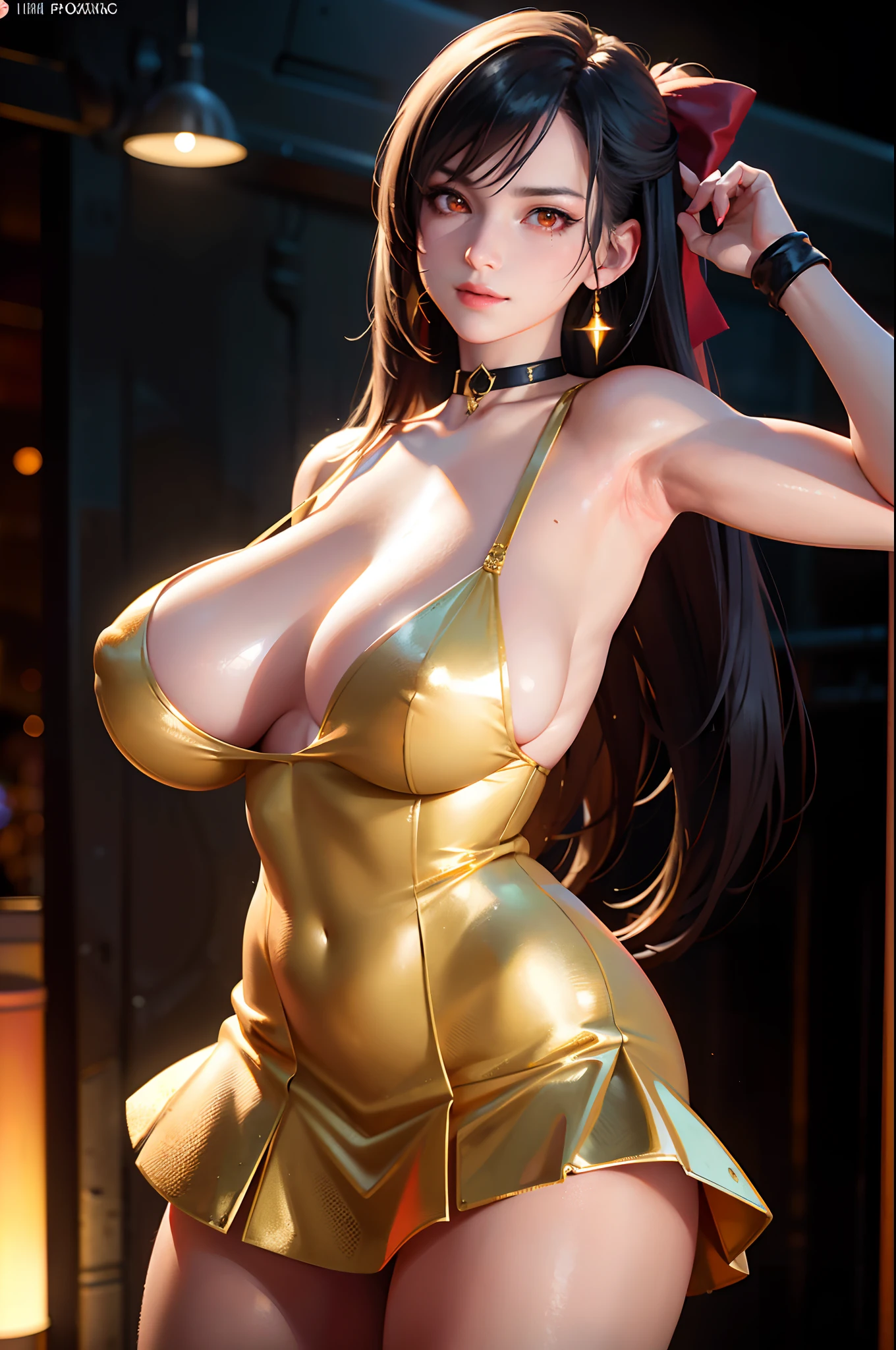 (8k, best quality, masterpiece:1.2), (realistic, photo-realistic:1.37), ultra-detailed, 1 girl,cute, solo, (tifa lockhart), (huge breasts:1.5),(beautiful detailed eyes), (smile:1.2), (closed mouth), erotic pose, dancing, outside an industrial factory, depth of field, dark intense shadows, sharp focus, depth of field, good composition, green glowing light, Final Fantasy VII, (gold dress:1.3), (black choker with bow) full body, head rest, lips, pretty face, low-tied long hair, ((red_eyes:1.3)), (night:1.2), intricate, bokeh, cinematic lighting, photon mapping, radiosity, physically-based rendering, (Tetsuya Nomura style), nsfw, perfect breasts