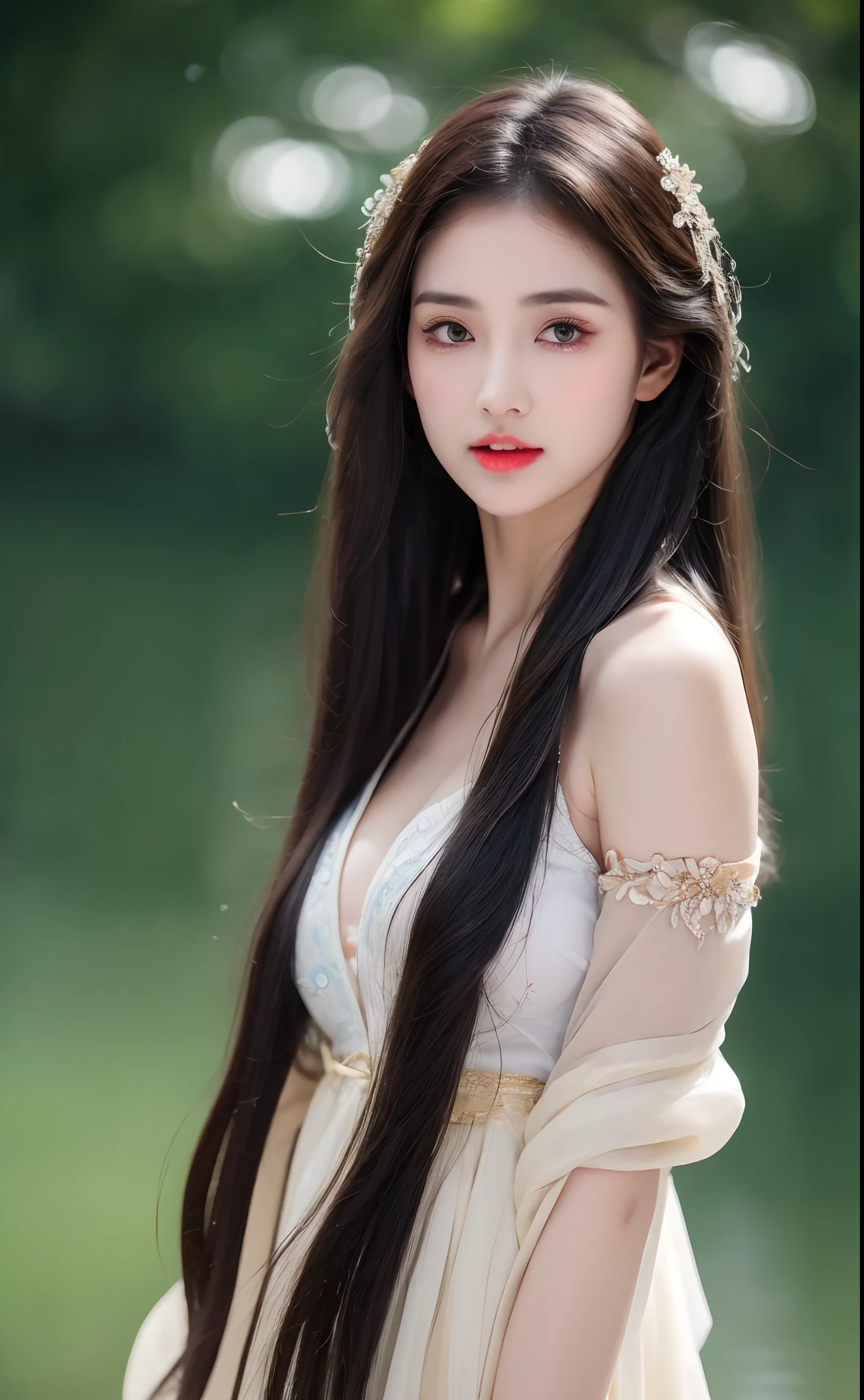 ((Best Quality, 8k, Masterpiece: 1.3)), Focus: 1.2, Perfect Body Beauty: 1.4, Buttocks: 1.2, ((Layered Haircut)), (Wet Clothes: 1.1), (Rain, Street:1.3), (Breasts: 1.2), (Hanfu: 1.2), Bare Shoulders, Bare Legs, Highly Detailed Face and Skin Texture, Fine Eyes, Double Eyelids, Whitened Skin, Long Hair, (Shut Up: 1.5), (Bokeh Background: 1.5), Big Breasts