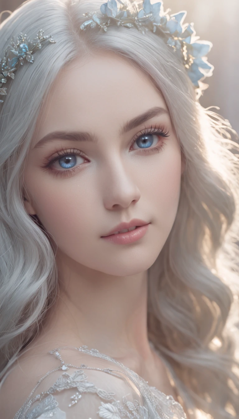 Illustration of the moonlight goddess,Exquisite and dreamy,Mysterious light,The night is gentle,Silver hair flowing,Blue eyes,It's like a fairyland,romantic atmoshere