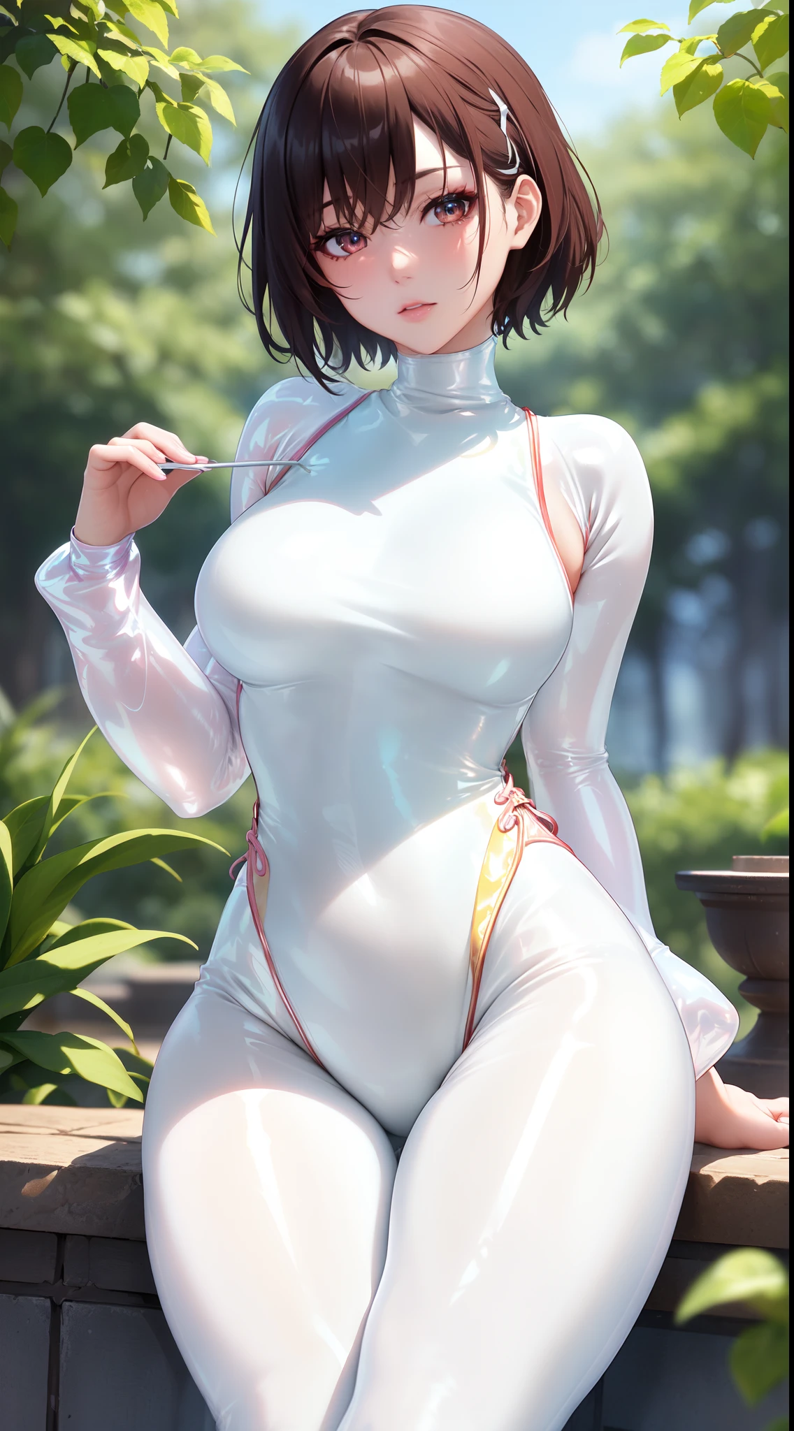 Professional artwork, Intricate details, Field of View, Sharp focus, Detailed painting, realistic illumination, trending on pixiv,(Masterpiece:1.0),(Best_quality:1.0), 超A high resolution, Ultra-detailed, Photography, 8K, hdr, A high resolution, absurderes:1.2, Kodak Portra 400, filmgrain, Sharp focus, Bokeh:1.2, Lens flare, (vibrant_Color:1.2), ultra detailed body, Ultra Detail Hair, Ultra Detail Face, Li Meifeng, (((White latex one-piece tights:1.4))), (Full body shot:1.1), Mature female, 1girll, Anime face, standing, Solo, Chinese dress, Makeup, Large breasts, lipstick, Red eyes, Short hair, Brown hair, Perfect body, (atheletic body:1.1), Perfect eyes, Anime eyes, smoky eyeliner, eye shadows, Perfect face, Shy, ((Upper body, Semi-body shot))