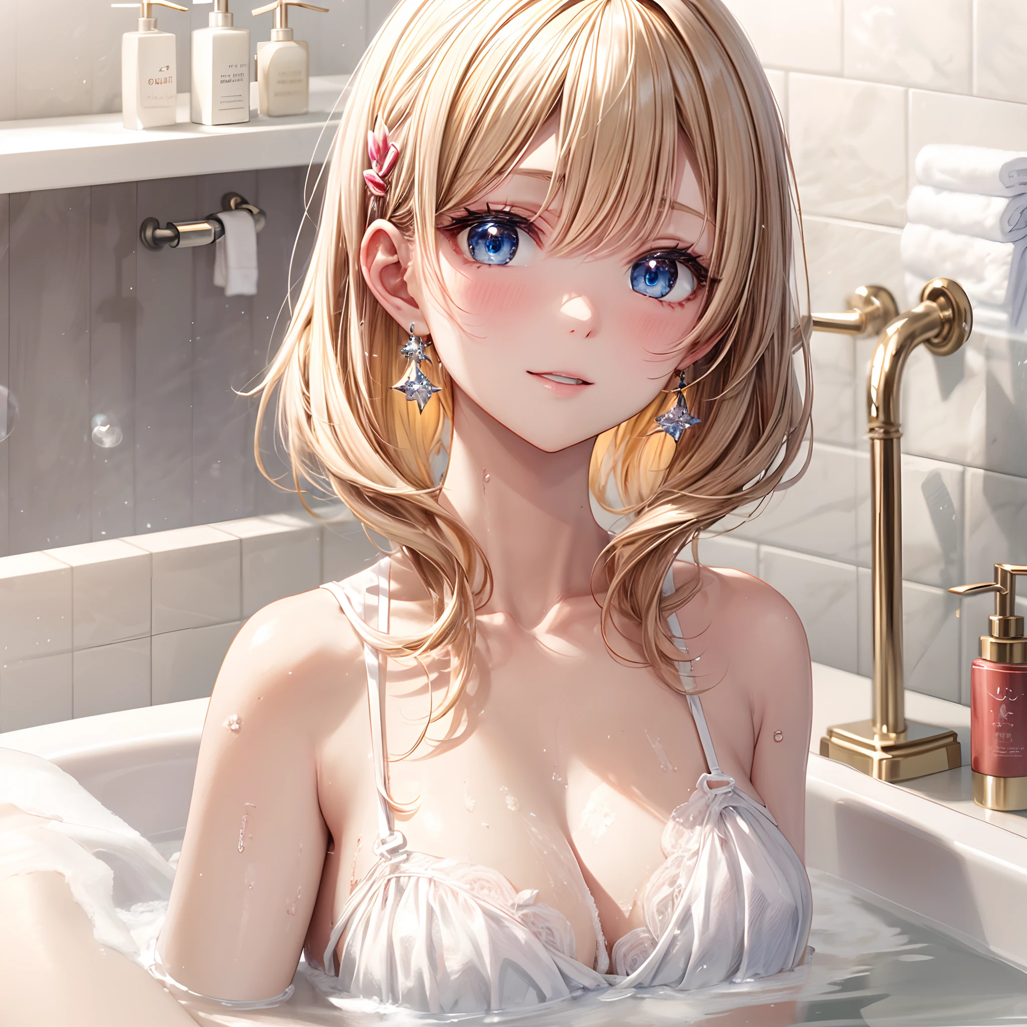 absurderes, (独奏:1.5,)ultra-detailliert,bright colour, extremely beautiful detailed anime face and eyes, view straight on, ;D, shiny_skin,25 years old, Short hair, , asymmetrical bangs, Blonde hair with short twin tails, Shiny hair, Delicate beautiful face, red blush、(Blue eyes), White skin, hair clips, earrings, Bubble bath、Taking a bath、(Luxurious bathroom:1.3)、