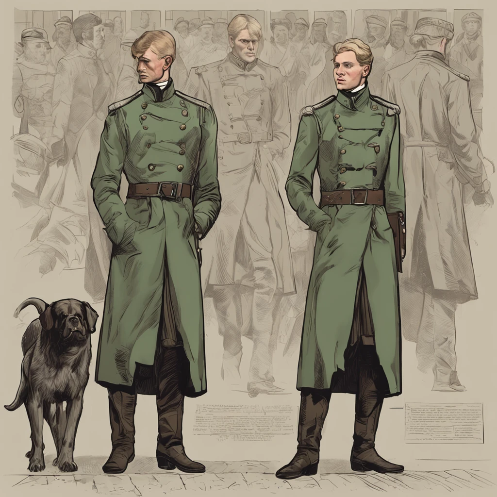 Lonely young adult girl, Tall stature, little chest, Slavic appearance: Green eyes; blond hair; sharp facial features; dimple on the chin; Straight nose; high nose; pronounced high cheekbones; high forehead, stands upright, military uniform: gray double-breasted overcoat; gray pants, full length, black leather gloves, in the middle of the street, Background: A street with a stone paved road with European stone houses from the first half of the 20th century, High quality shadows, High quality of light, High quality clothing, Masterpiece picture quality, max detail, Masterpiece quality.