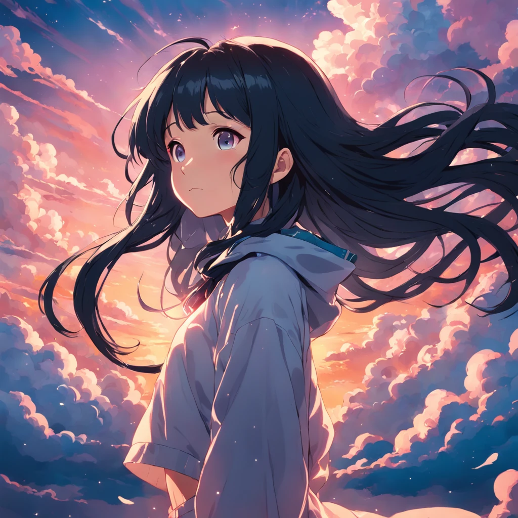 masterpiece, best quality, movie still, nicki minaj rapper anime style, sexy , long black hair, cloud girl, floating in the sky, close-up, bright, happy, warm soft lighting, sunset, (sparks:0.7)