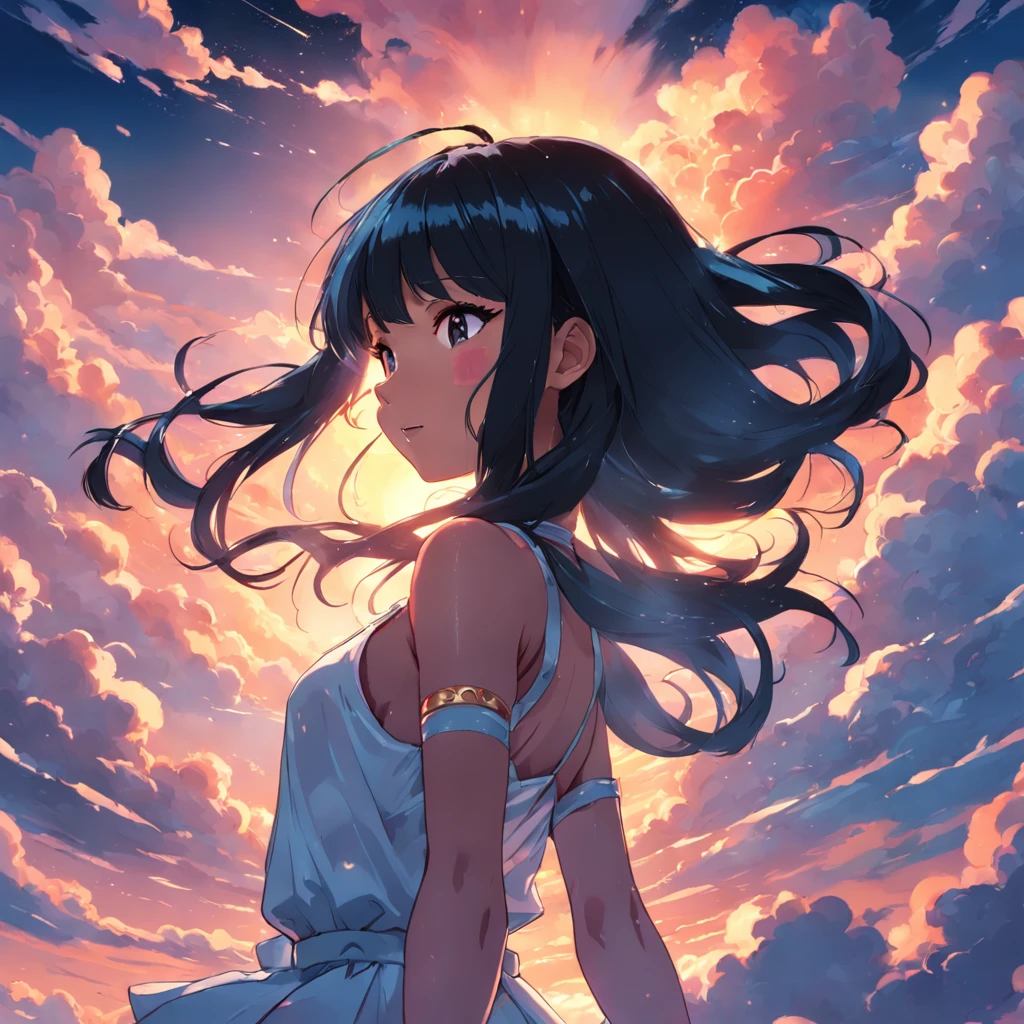 masterpiece, best quality, movie still, nicki minaj rapper anime style, sexy , long black hair, cloud girl, floating in the sky, close-up, bright, happy, warm soft lighting, sunset, (sparks:0.7)