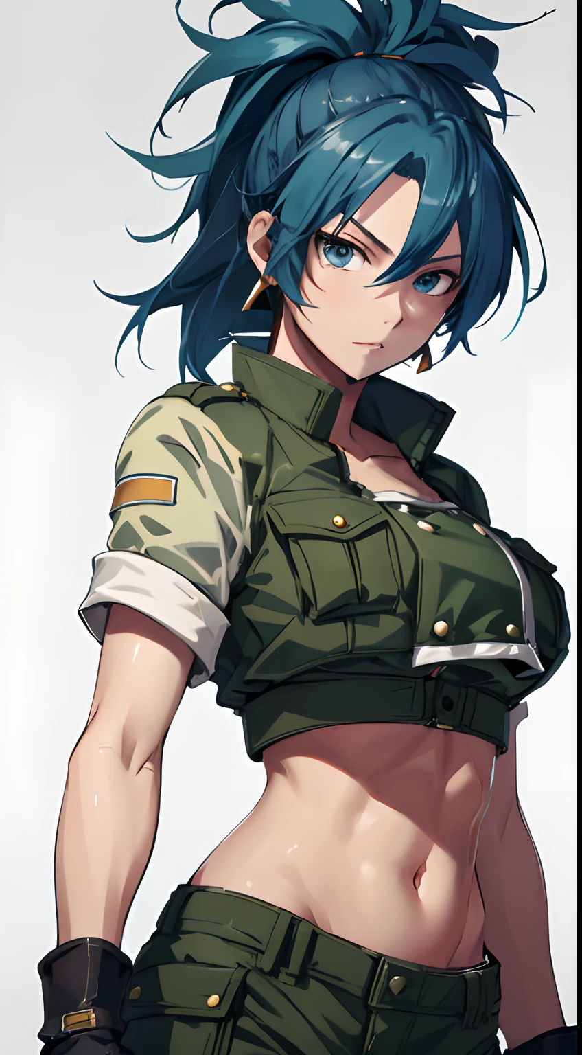 masterpiece,, best quality, highres, 1girl, leona heidern, blue hair, blue eyes, ponytail, green shorts, midriff, crop top, black gloves, breasts, military uniform, green jacket, earrings, jewelry, navel, large breasts, cowboy shot,