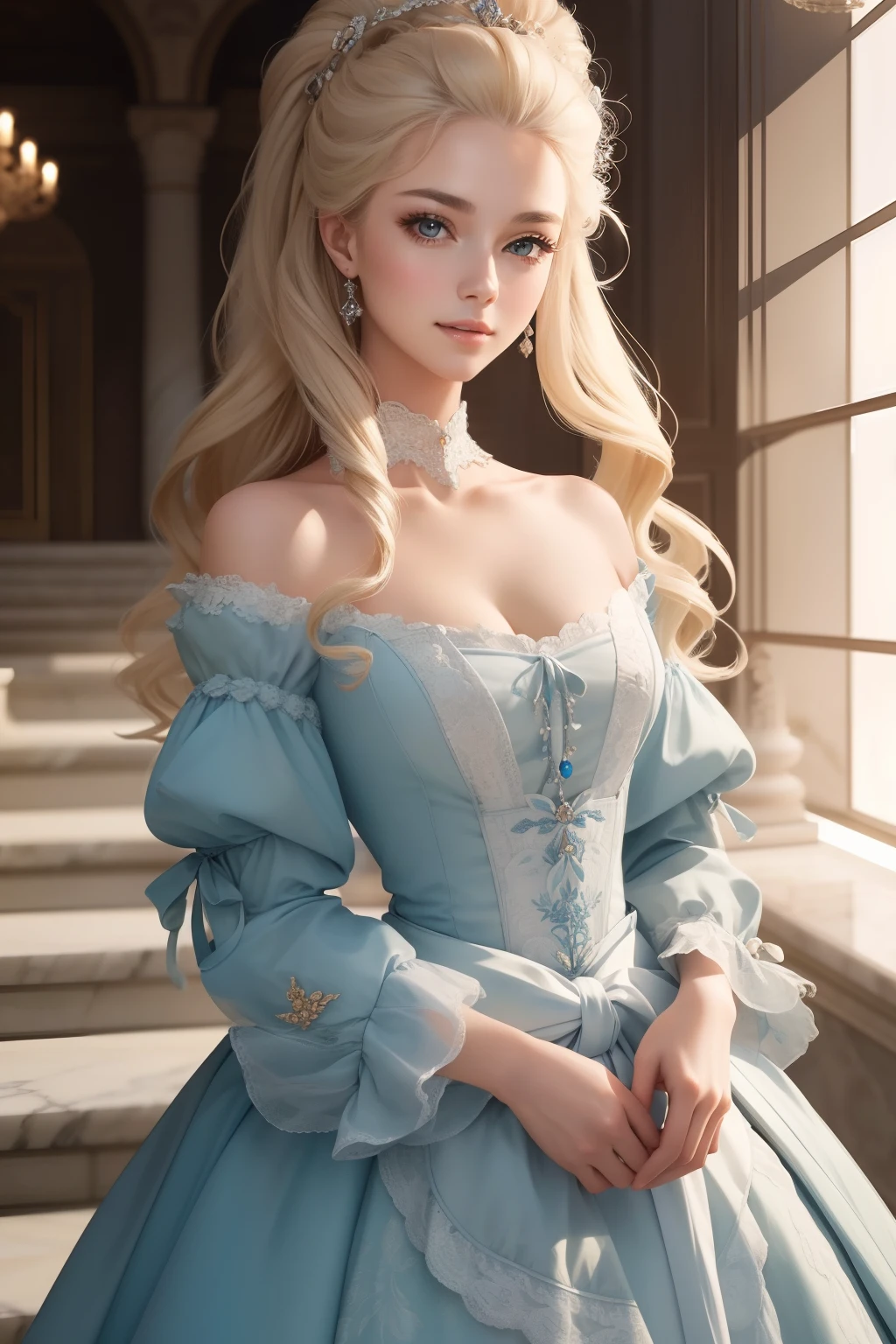 ((top-quality、​masterpiece、photographrealistic:1.4、8K))、1 beautiful detailed girl、extremely detailed eye and face、beatiful detailed eyes、（Marie Antoinette is going to come in an antique gorgeous dress）、Luxury Accessories、Elegant smile、（Walking along a long stone staircase、Roses and castles in the background）、Beautiful lighting、Textured skin、Super Detail、high detailing、High quality、hight resolution、（looking at the viewers）、