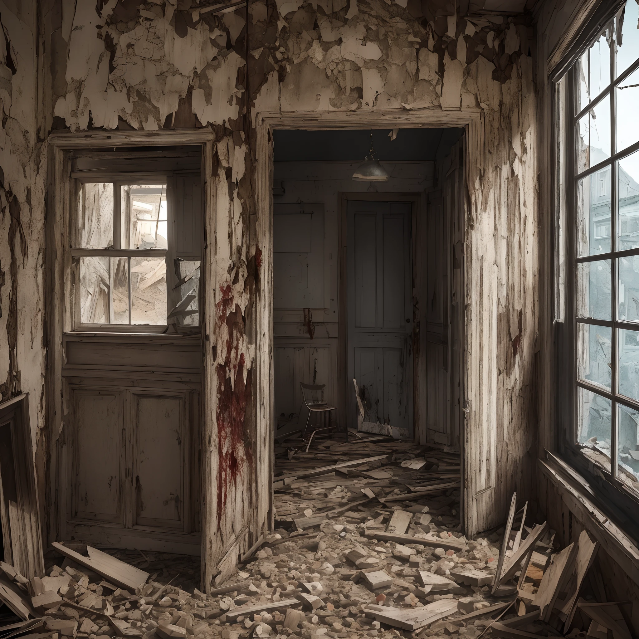 broken old house, dark colour, broken windows,broken doors,Hollywood night12pm,bloody bat, inside view,child want candle,intricately detailed,4k resolution,film view --auto --s2