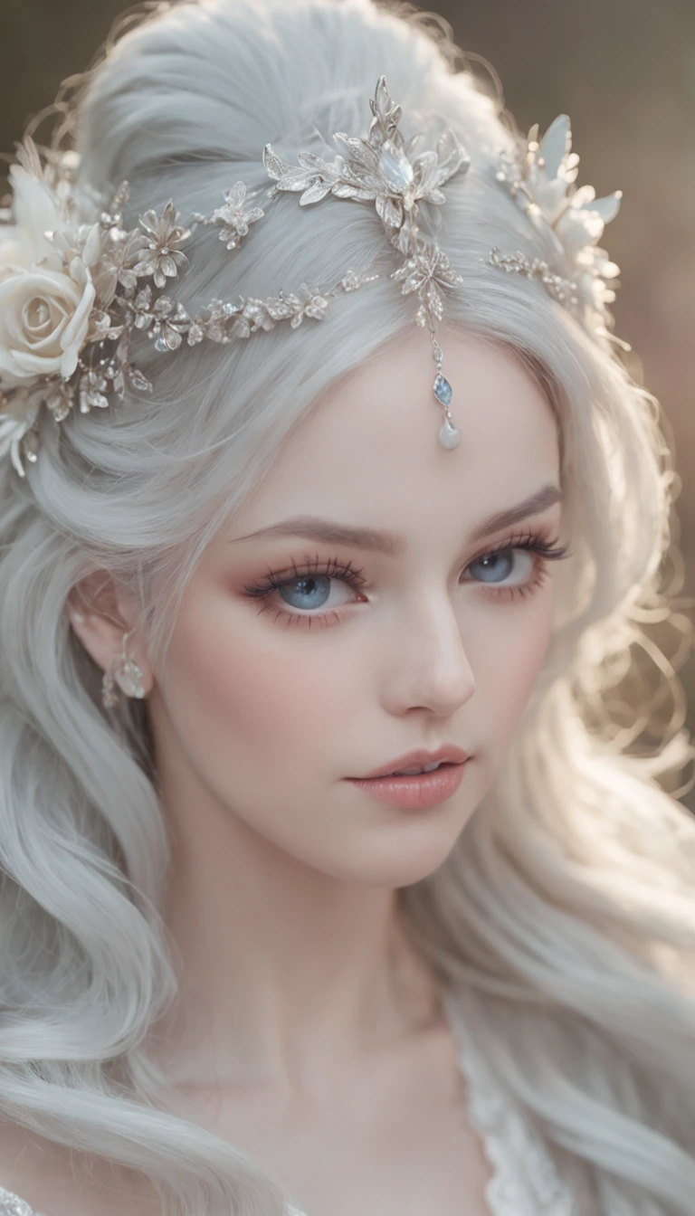 Illustration of the moonlight goddess，Exquisite and dreamy，Mysterious light，The night is gentle，Silver hair flowing，Blue eyes，It's like a fairyland，romantic atmoshere