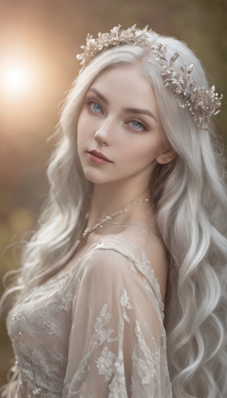 Illustration of the moonlight goddess，Exquisite and dreamy，Mysterious light，The night is gentle，Silver hair flowing，Blue eyes，It's like a fairyland，romantic atmoshere