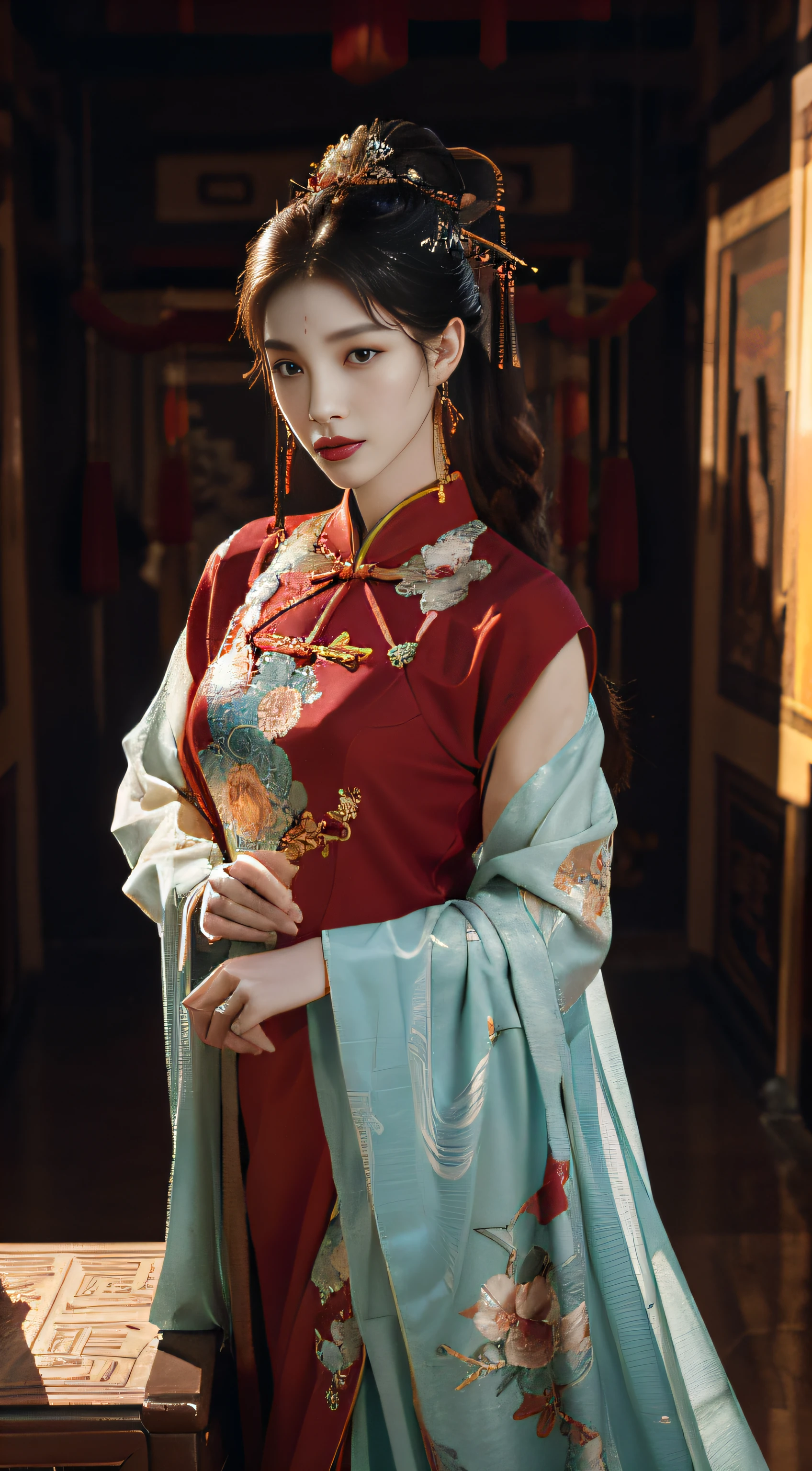 Illustration design, Delicate characters, janelas, gauges, Brown hair, Big eyes, Long cheongsam