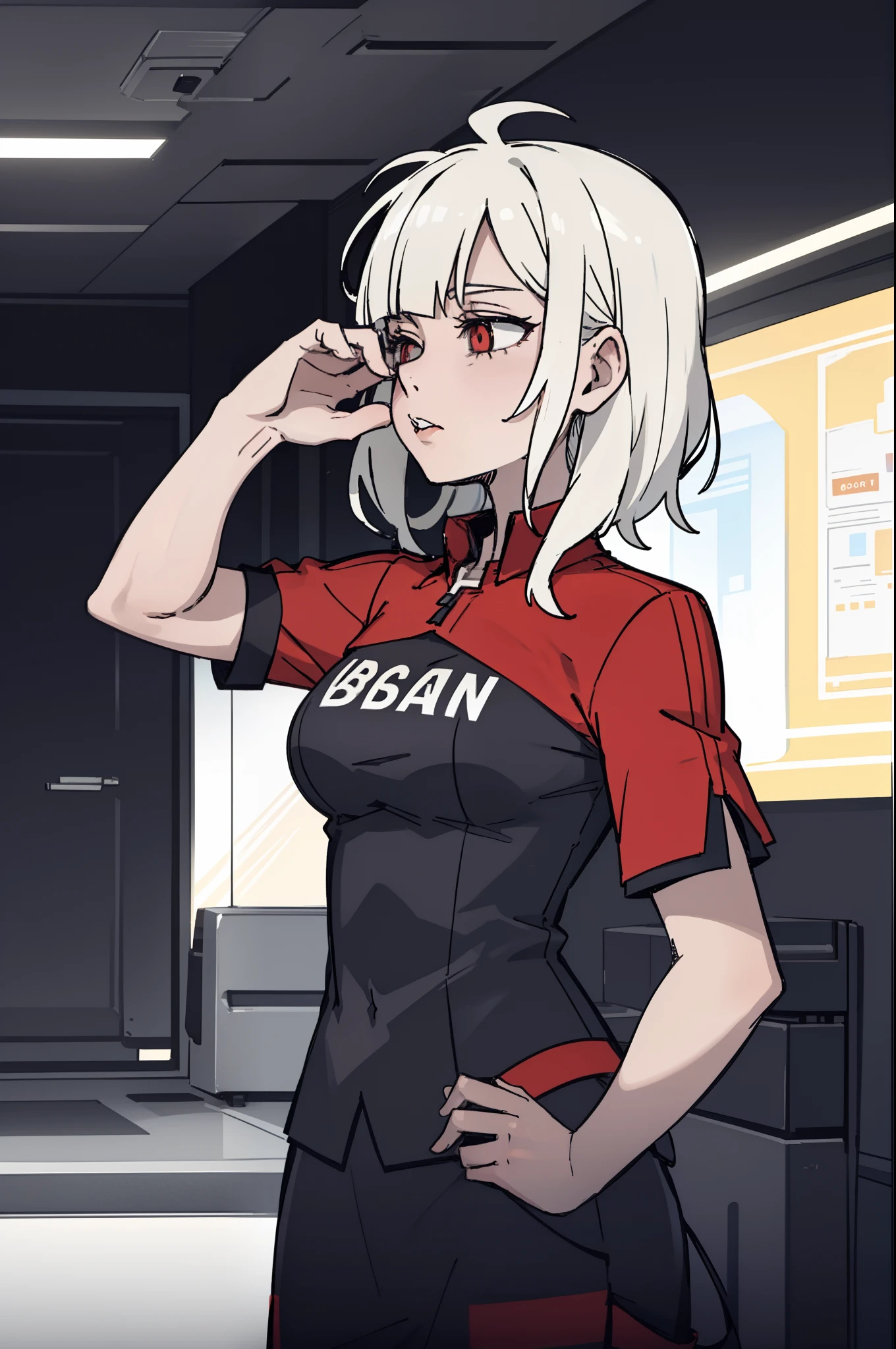 looks away,are standing,embarressed,Be red in the face,adolable,Medium breasts,bite lips,Black clothes,short detailed hair