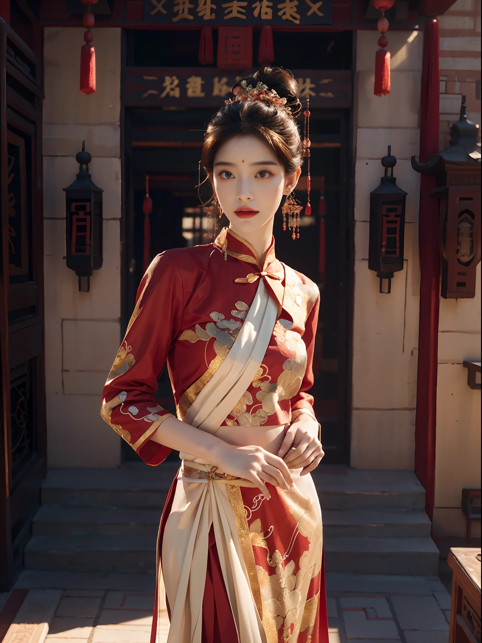 （abstract artistic：1.4）， tmasterpiece， best qualtiy， 超高分辨率， big breasts beautiful， Visually stunning， （1girll：1.2）， crimson themed， dark red color， Bleeding red， Halo， looking at viewert
，full bodyesbian，high-heels，woman，nvshen，dunhuang，Hanfu，Red and gold dress,（tmasterpiece，top Quority，best qualtiy，offcial art，Beauty and aesthetics：1.2），Charming mature woman，The is very detailed，（s fractal art：1.1），（a color：1.1）（blossoms：1.3），Most detailed，（ zentangle:1.2), (Dynamic pose), (abstract backgrounds:1.3), (Chinese Traditional Cloth:1.2), (Shiny skin), (many color:1.4), ,(Earrings:1.4),（（fashion icon|Fashionistas|1 Fashionista（individually）|trendsetter|Mannequin）），Ancient Chinese clothing， full bodyesbian， rays of sunshine， Clear face，((best qualtiy)), ((tmasterpiece)), (the detail:1.4), hdr（HighDynamicRange）,Ray traching,NVIDIA RTX,Hyper-Resolution,Unreal 5,Subsurface scattering、PBR Texture、post-proces、Anisotropy Filtering、((Best quality)), ((Masterpiece)), (Highly detailed:1.3),Masterpiece, Best quality, Translucent skin, （tmasterpiece，best qualtiy，realisticlying：1.37），（Complex and sophisticated，Highly detailed skin and face），（Complex and sophisticated，high detailed hand）， Clear face， tmasterpiece， super detailing， Epic composition， hyper HD， high qulity， extremely detaile， offcial art， Uniform 8K wallpaper， super detailing，High resolution CG，depth of fields、maximum definition and sharpness、Many-Layer Textures、Albedo e mapas Speculares、Surface coloring、Accurate simulation of light-material interactions、rendering by octane、Two-colored light、largeaperture、Low ISO、White balance、the rule of thirds、8K raw data，Little ass，,long leges,Little ass,Indifferent eyes,Realistic art,Dominatrix,femdom,high ponytails，high and cold，A look of contempt，180cm tall
