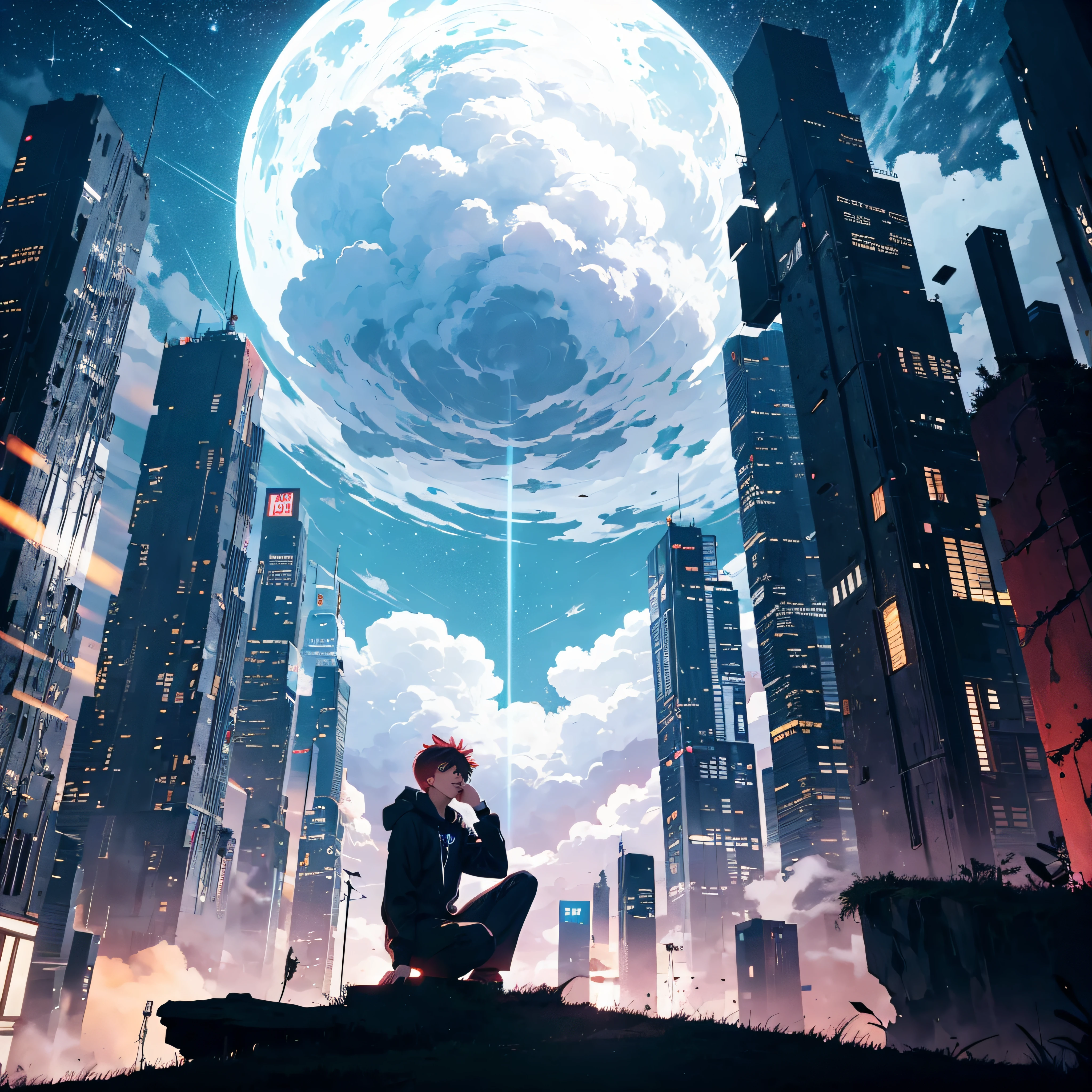 octans, sky, star (sky), scenery, starry sky, night, 1boy, night sky, solo, outdoors, building, cloud, milky way, sitting, tree, city, silhouette, cityscape, red hair boy, fantastic sky, stars comet into a circle, black hair.