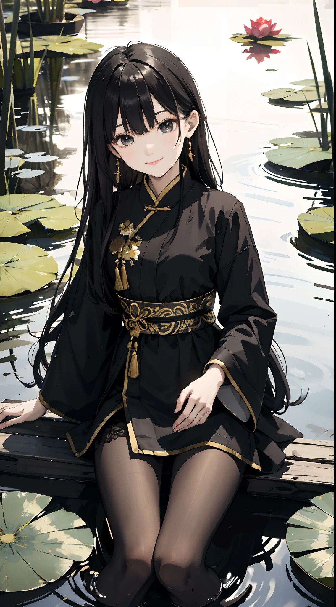 hoang lap，8K high resolution，ultra - detailed，（1girll：1.3），handpainted，Simple lines， wearing black Chinese clothing，beuaty girl，In the lotus pond，tmasterpiece，Sit on a plank floating in the water，Floating hair，black pantyhoses，black pantyhoses，looking toward the viewer，ssmile，posed for photo，