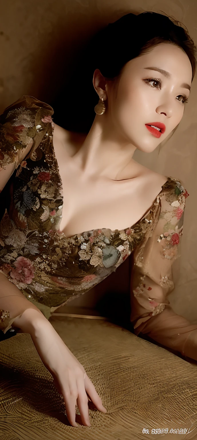 A dress with a chinoiserie style with lace elements at the neckline and cuffs of the dress with a traditional moire pattern with details such as pleats, embroidery, beads, silk, crepe, knee-length or length, and bows or flowers at the waist or neckline
