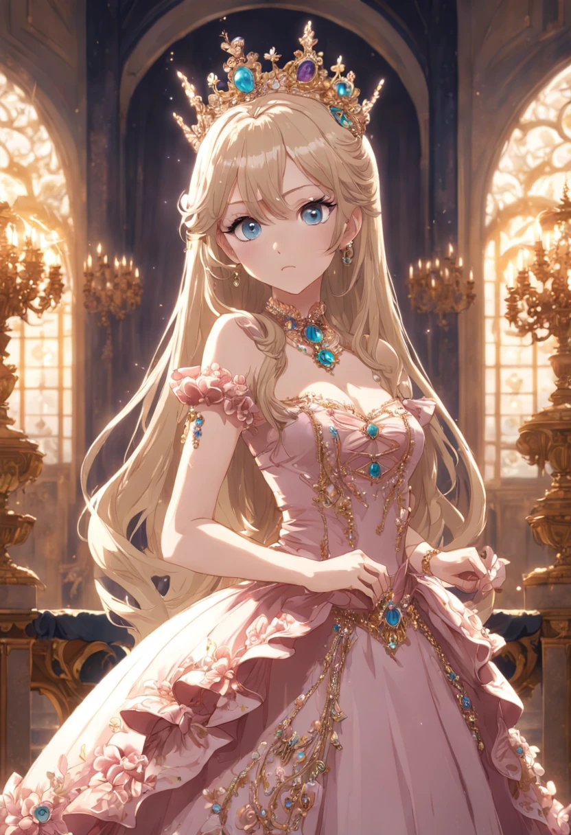 ((anime artstyle)),(Masterpiece),(Best Quality),(Super Detail),(Very Delicate and Beautiful),Solo,((full body,standing pose)),standing in the royal palace,((1 queen in jeweled gorgeous rococo ballgown with voluminous full length hoop skirt)),(crinoline),gorgeousfull embroidery,(gorgeous gemstone jewelry),(detailed face and eyes),jewel-like eyes,((large amount of straight hair,extremely Long voluminous Hair)),((gigantic tits,Long tits,skindentation)),gorgeousfull embroidery,cleavage,extremely gorgeousfull hair ornament,(bling-bling extremely gorgeousfull jeweled tiara),gorgeous corsage,(Dynamic Angle),Looking at viewer,((full body))