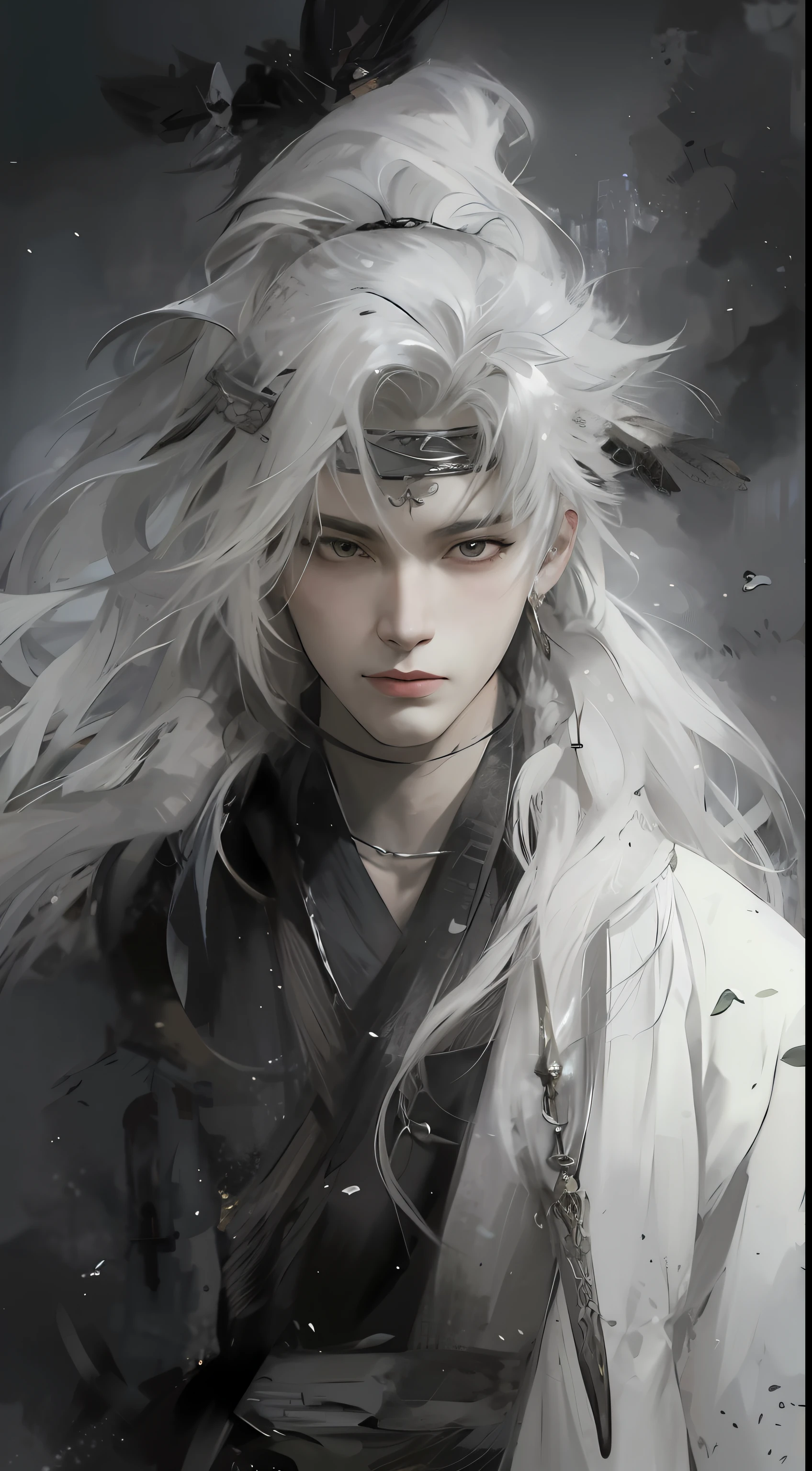 Close-up of a man with white hair and feathers, a white-haired deity, by Yang J, with white hair, handsome guy in demon killer art, Guvitz, Guvitz style artwork, handsome Japanese demon boy, long white hair, by fanci, cloud-like white hair, beautiful figure painting, white hair, black bib, eyes white, with a black bib