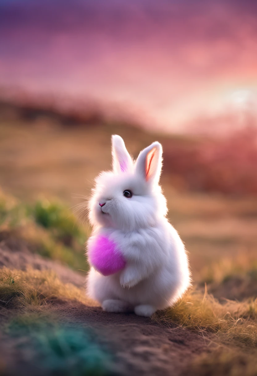 A fluffy rabbit，extremely cute，Colored sky as background，Clouds of colorful marshmallows as decoration，Ultimate HD picture quality