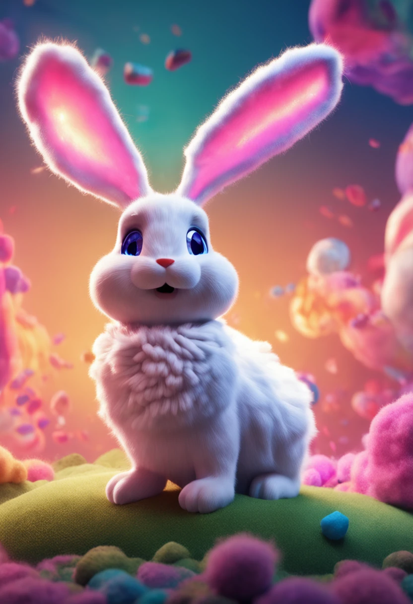 A fluffy rabbit，extremely cute，Colored sky as background，Clouds of colorful marshmallows as decoration，Ultimate HD picture quality