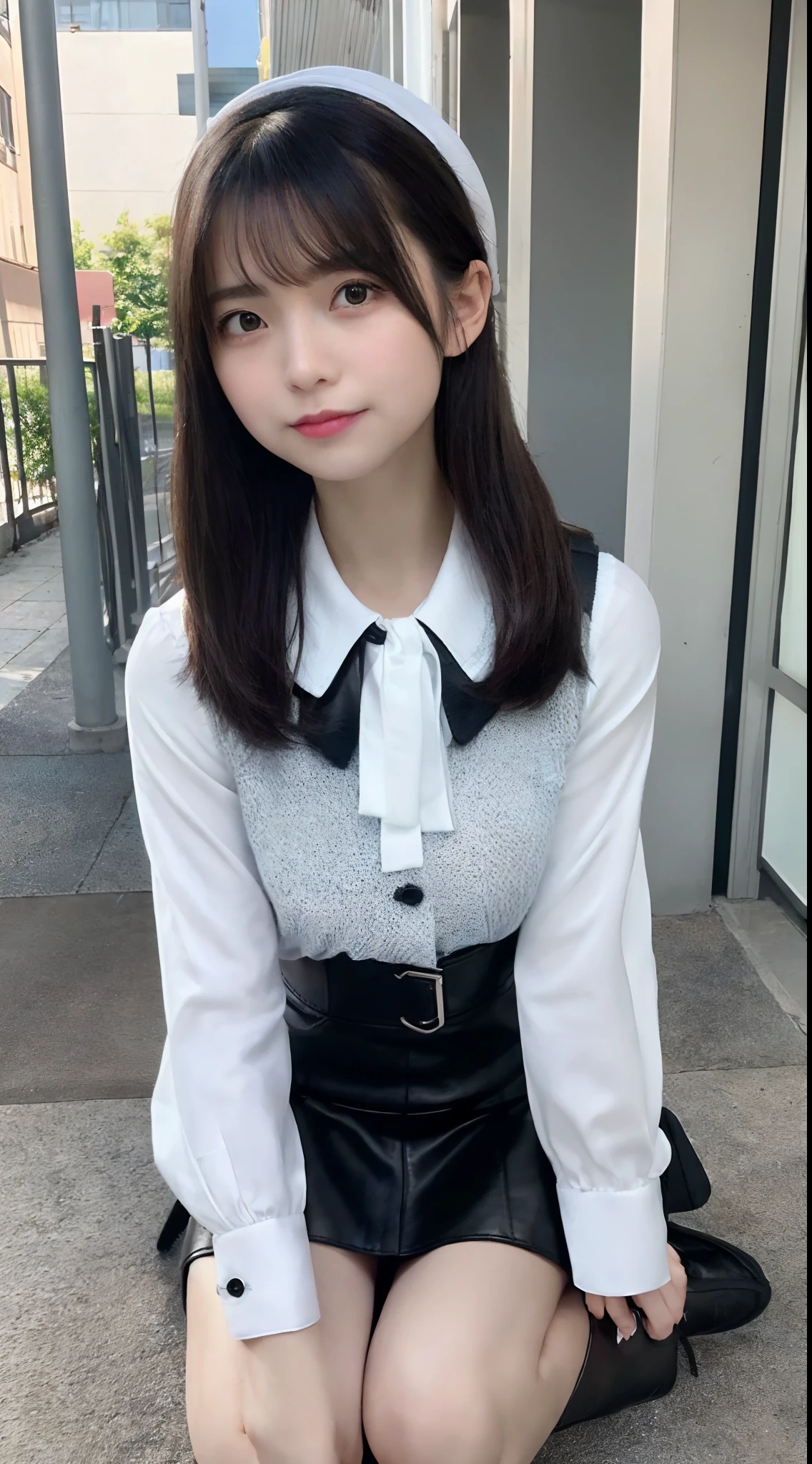 mix4, (8K, Raw photography, Top image quality, masterpiece: 1.45), (realisitic, Photorealsitic: 1.37), one girls, cute little, A city scape,, profetional lighting, photon maping, Radio City, physically-based renderingt, Gradient black hair,, a handsome, girl with, (((student clothes、Silk White Blouse、Dark blue knitted vest、White Satin Mini Skirt、No red tie pattern、Black High Socks、Black Loafers Leather Shoes))), Top Quality Photos, hight resolution, 1080p, (clearface), (Detailed face description), (Detailed hand description), (masterpiece), (Exquisite CG)、extreme light and shadows、dishevled hair、master work、abundant detail、(Fine facial features)、(top quality photo)、(masuter piece)、(A detailed eye)、Look in front of you、Fine clavicle、((Slender big))、((White beret)))、((Cute idol system))、((School Grounds))、(Shooting from random perspectives)、(((Anyway cute)))、耳Nipple Ring、A big smile、Drawing the whole body from the knees、Do not draw nasolabial folds、(((Holding a leather student bag in both hands)))、Big breasts that stand out from the top of clothes、Two legs、