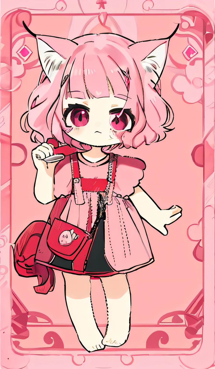 1girll,Animal ear,backpacks,bag,Faust,黑The eye,Pink fist,Red-faced,Cat ears,a skirt,food,carryng bag,Pinkish background,Pink hair,short- sleeved,Shoulder bags,Single