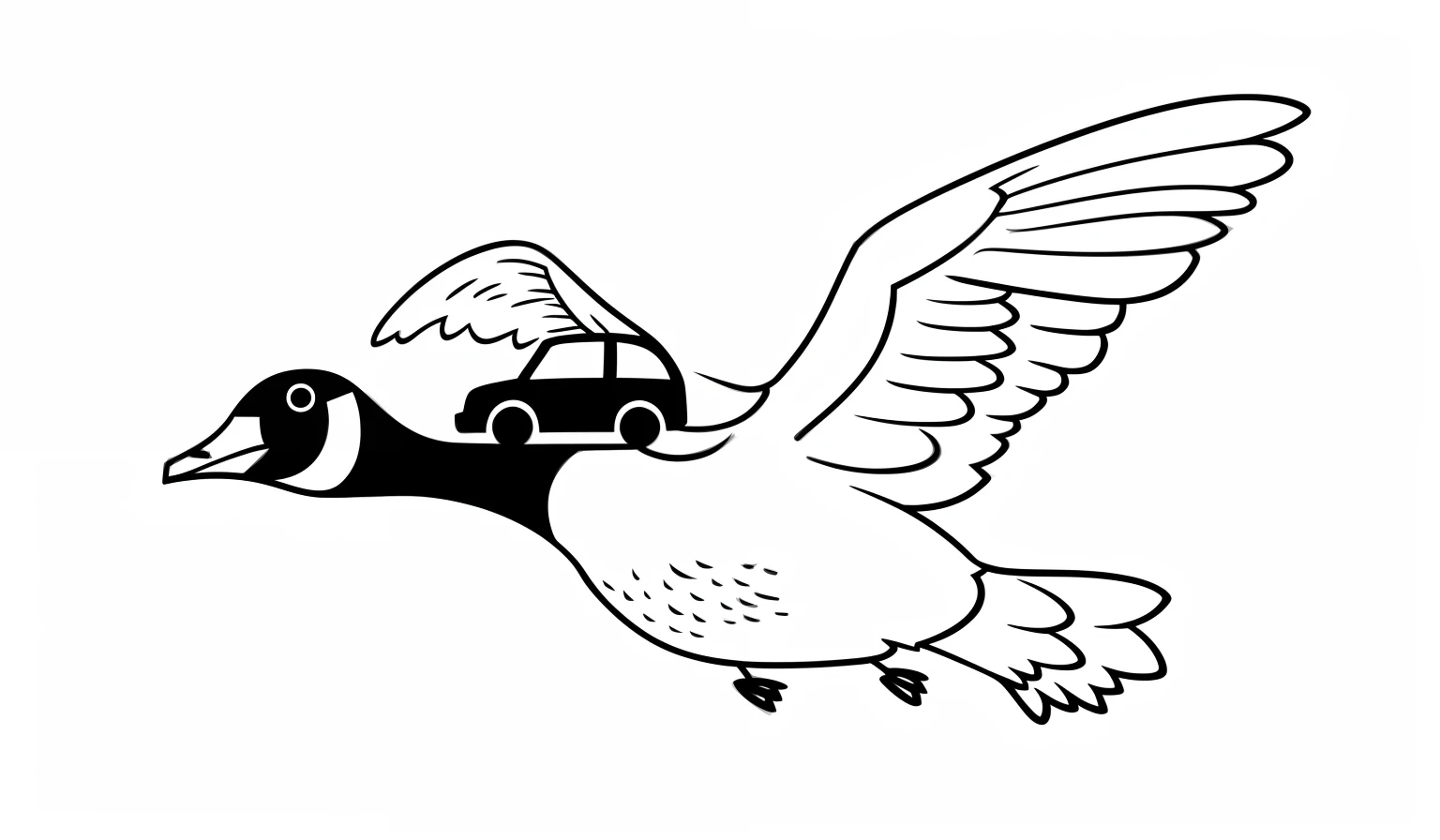 Black and white image of a wild goose flying on its back with a car。