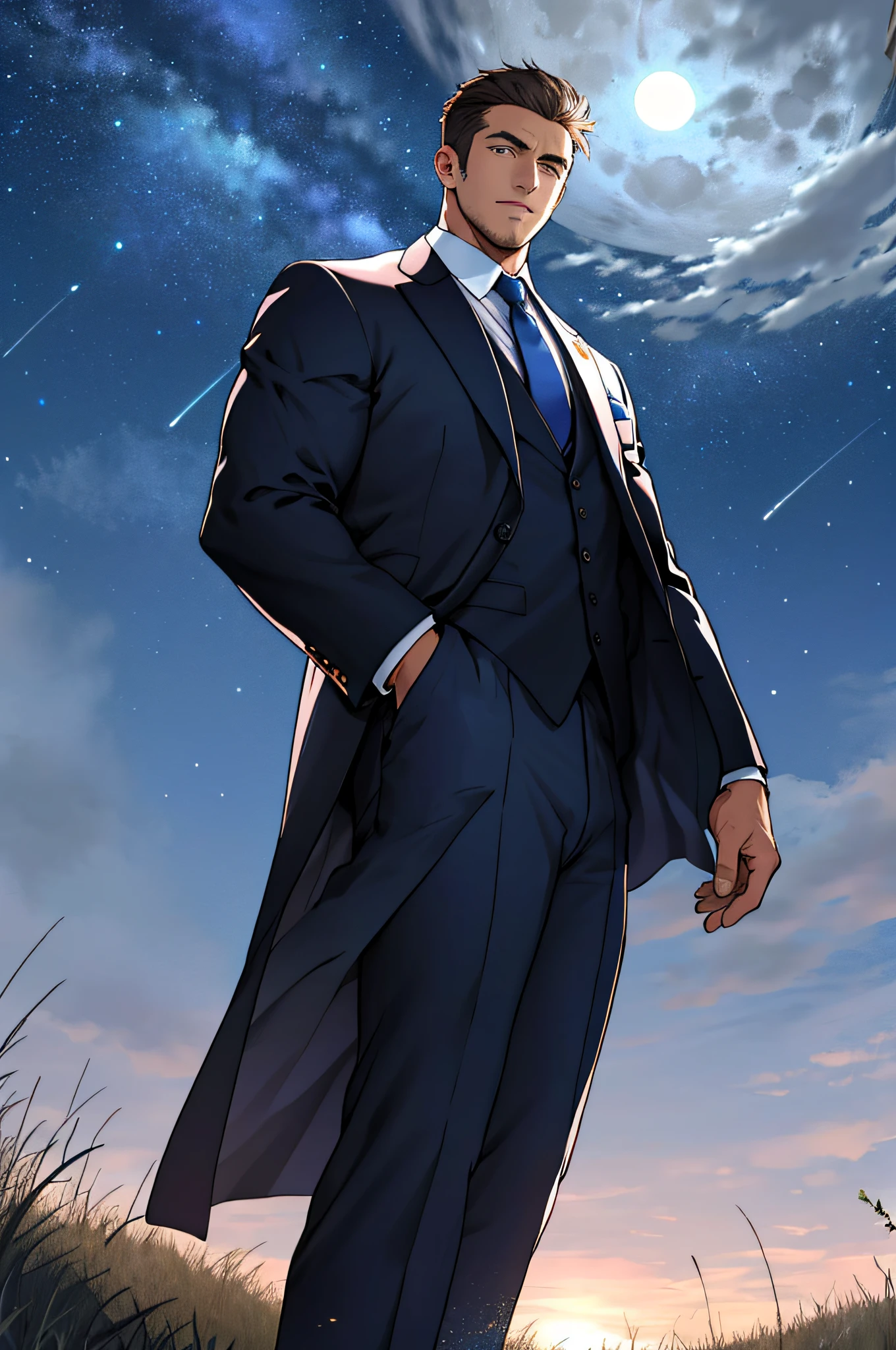 Draw a full-fledged footballer,Standing on the steppe at night,Quiet and comfortable background,He wears the same suit as the country's president,The suit fits perfectly,Handsome face,eyes with brightness,The man looks confident and determined,looking-down,Crew cut,full bodyesbian,Stars dot the sky,shooting from below,Big moon highlights background