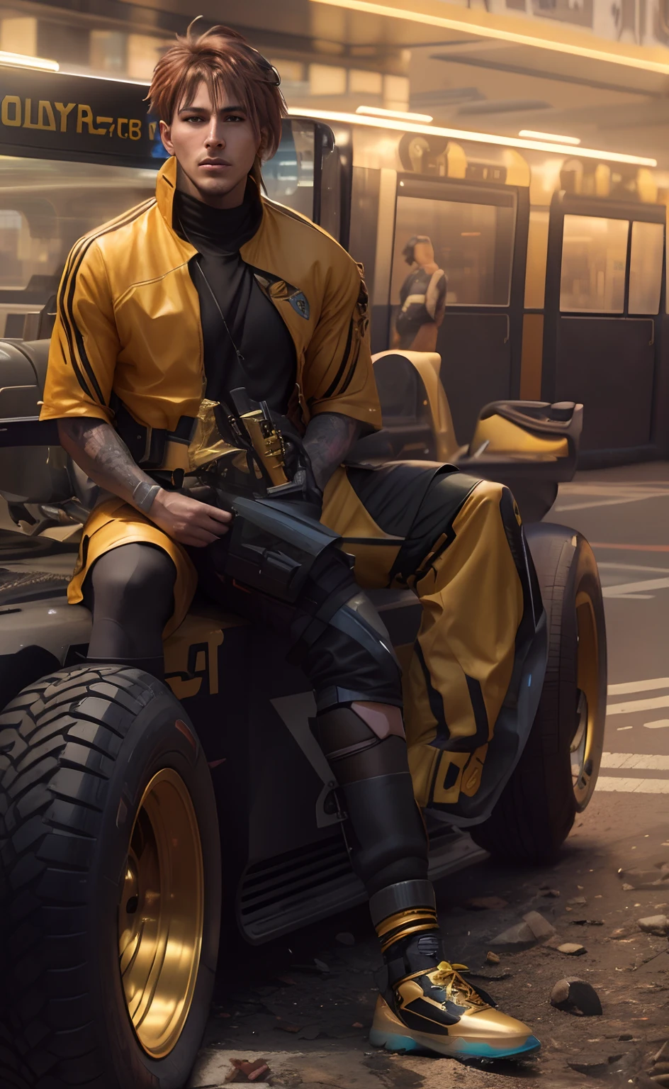 there is a man sitting on a vehicle with a gun, cyberpunk bee, sitting on cyberpunk motorbike, hyper-realistic cyberpunk style, 8 k octane detailed render, wearing cyberpunk 2 0 7 7 jacket, cyberpunk art ultrarealistic 8k, cyberpunk street goon, cyberpunk streetwear, wojtek fus, fantasy style 8 k octane render, style of cyberpunk 2 0 7 7