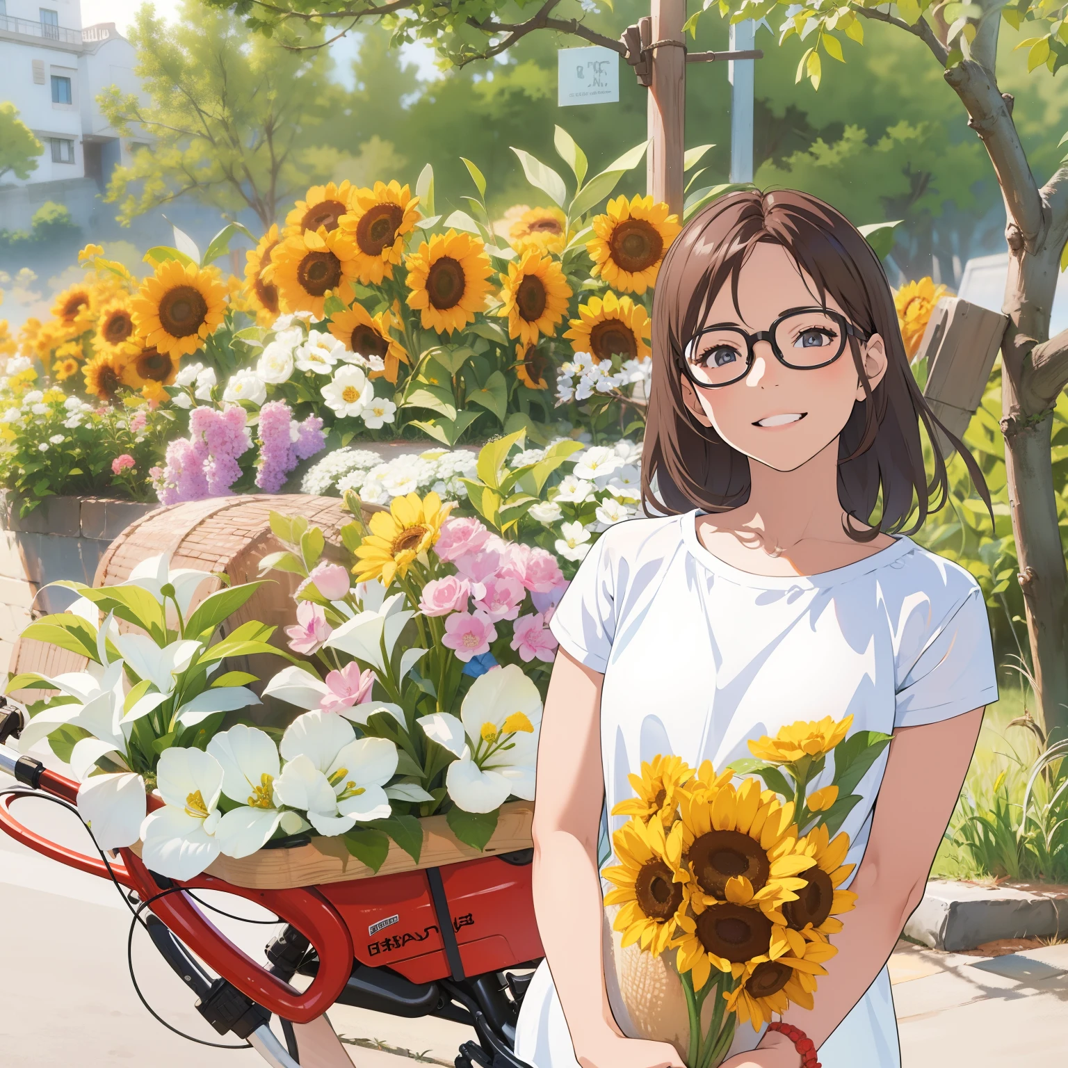 Petite girl and Flower bike,  realistic , wearing glasses,  long brown silk hair, detail face, smile, manga comic style, water color,