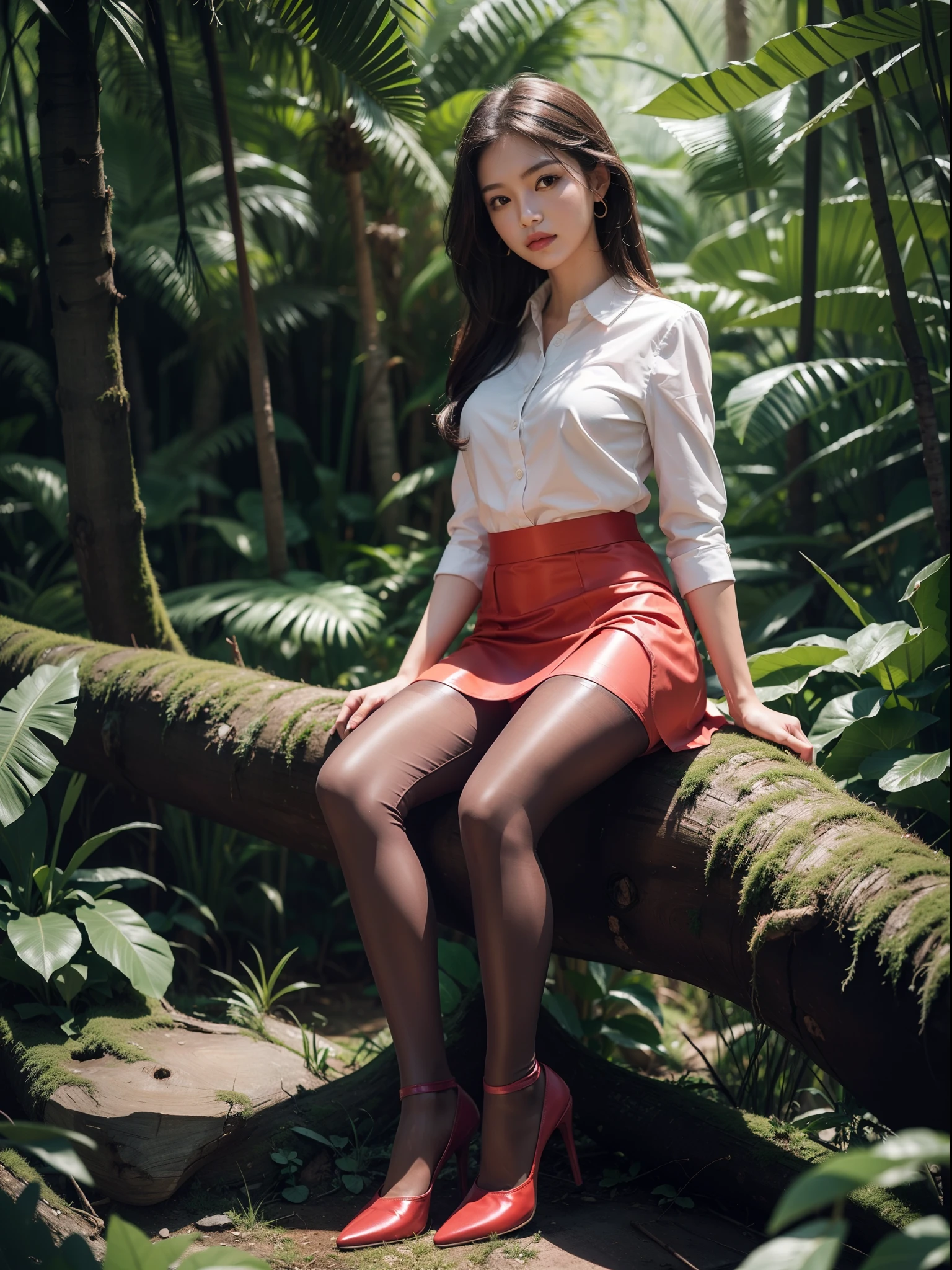 (full body:1.5)，((1girl):1.4),(view the viewer:1.4)，(anatomy correct:1.3),(Sitting on a tree in the jungle:1.2),(A pink and red Elastic skirt :1.2),((Pantyhose):1.3),( girl pointed thick heels :1.1)，(Accurate and perfect face:1.3),hyper HD, Ray traching, reflective light， structurally correct, Award-Awarded, high detail, lighten shade contrast, Face lighting ，cinematic lighting, masterpiece, super detailing, high quality, high detail, best quality, 16k，High contrast,