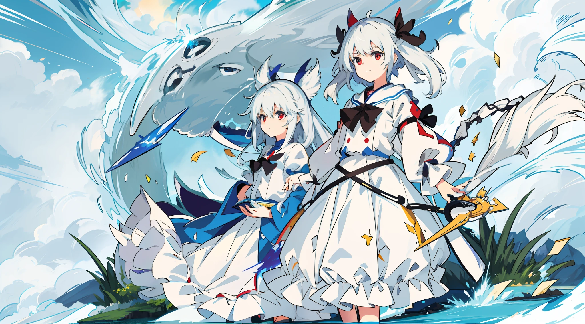 Anime characters in white dress standing in front of blue background, Splash art anime Loli, A scene from the《azur lane》videogame, 《azur lane》role, azur lane style, touhou project official artwork, Kantai collection style, from touhou, Anime fantasy illustration, zerochan art, artbook artwork, Official artwork, trending on artstation pixiv