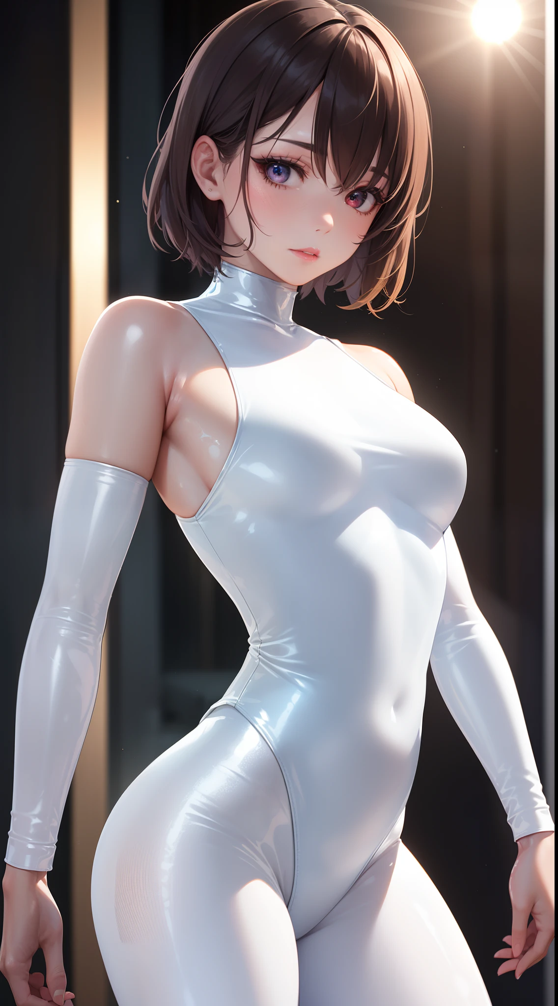 Professional artwork, Intricate details, Field of View, Sharp focus, Detailed painting, realistic illumination, trending on pixiv,(Masterpiece:1.0),(Best_quality:1.0), 超A high resolution, Ultra-detailed, Photography, 8K, hdr, A high resolution, absurderes:1.2, Kodak Portra 400, filmgrain, Sharp focus, Bokeh:1.2, Lens flare, (vibrant_Color:1.2), ultra detailed body, Ultra Detail Hair, Ultra Detail Face, Li Meifeng, (((White latex one-piece tights:1.4))), (Full body shot:1.1), Mature female, 1girll, Anime face, standing, Solo, Chinese dress, Makeup, Large breasts, lipstick, Red eyes, Short hair, Brown hair, Perfect body, (atheletic body:1.1), Perfect eyes, Anime eyes, smoky eyeliner, eye shadows, Perfect face, Shy, ((Upper body, Semi-body shot))
